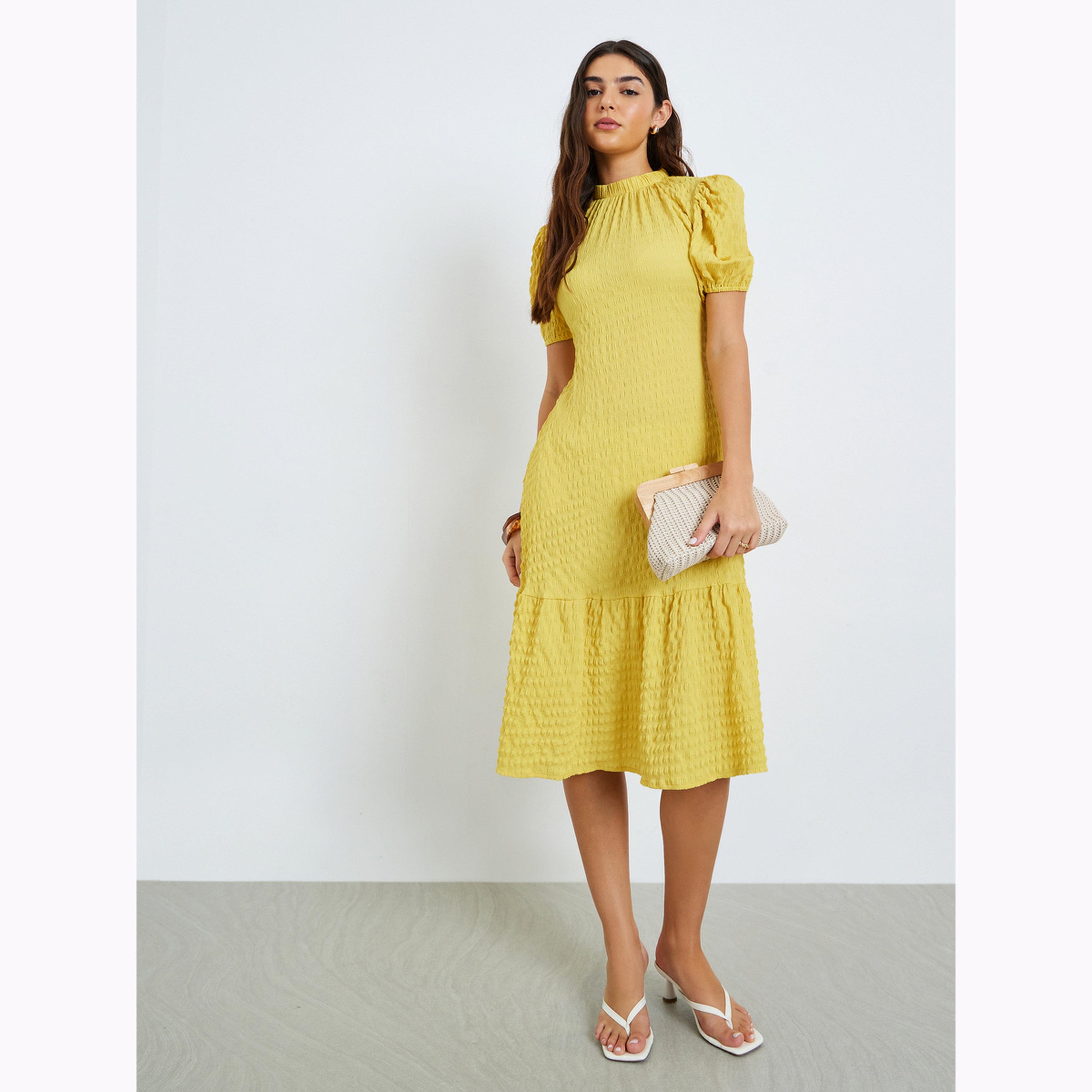 Styli Yellow Textured Puff Sleeves Midi Dress-women-clothing-dresses-image-2