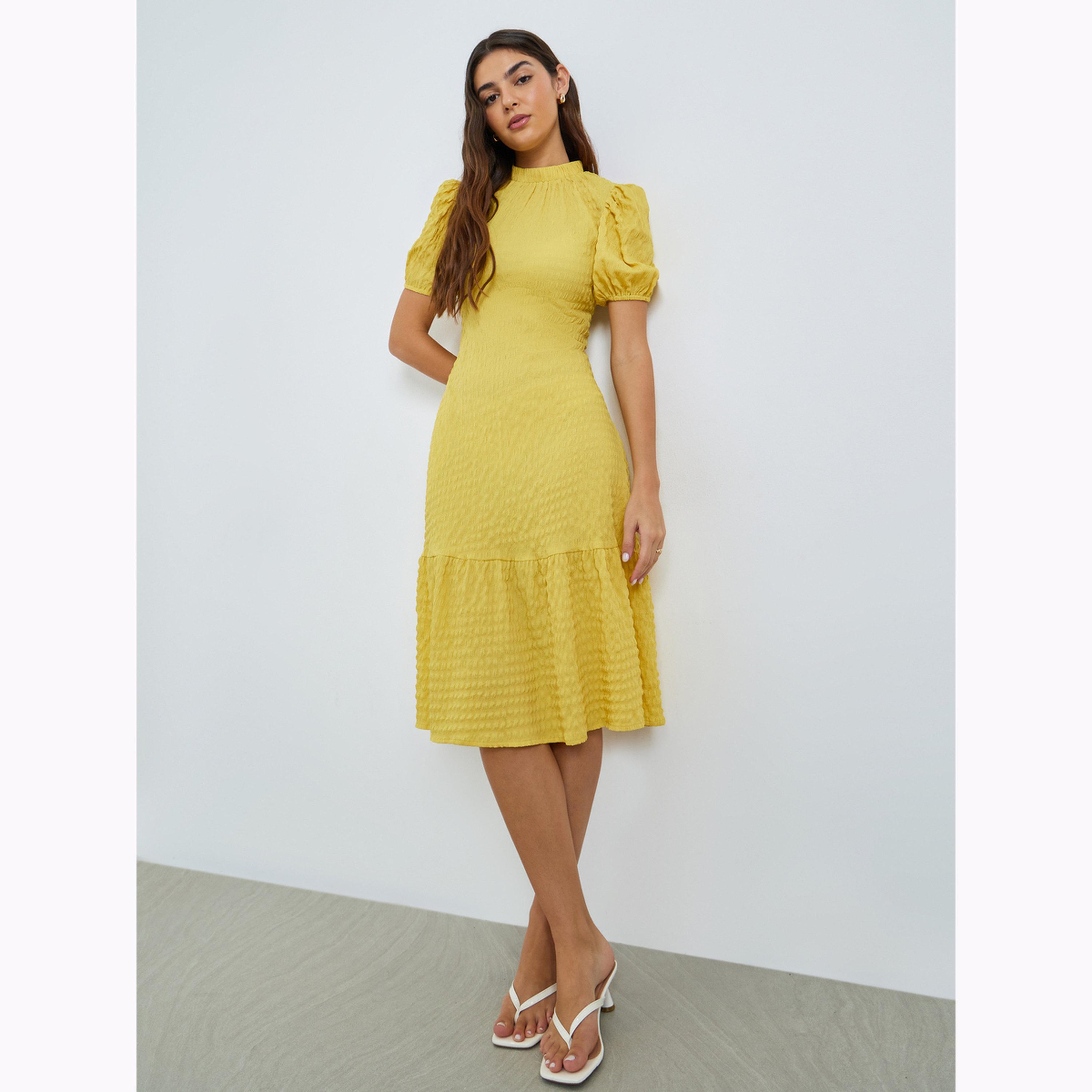 Styli Yellow Textured Puff Sleeves Midi Dress-women-clothing-dresses-image-3