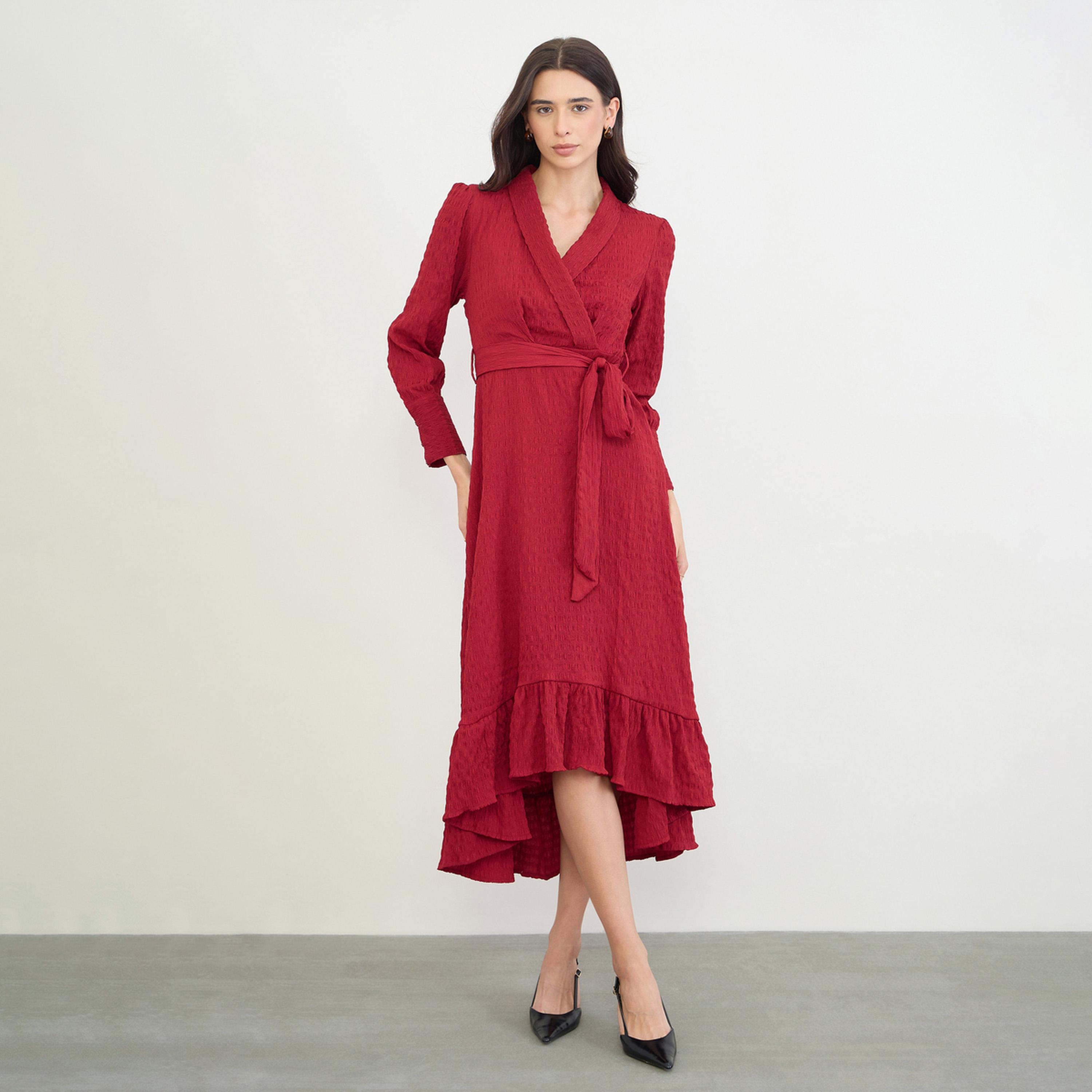 فستان ميدي لف بحافة كشكش-women-clothing-dresses-image-1