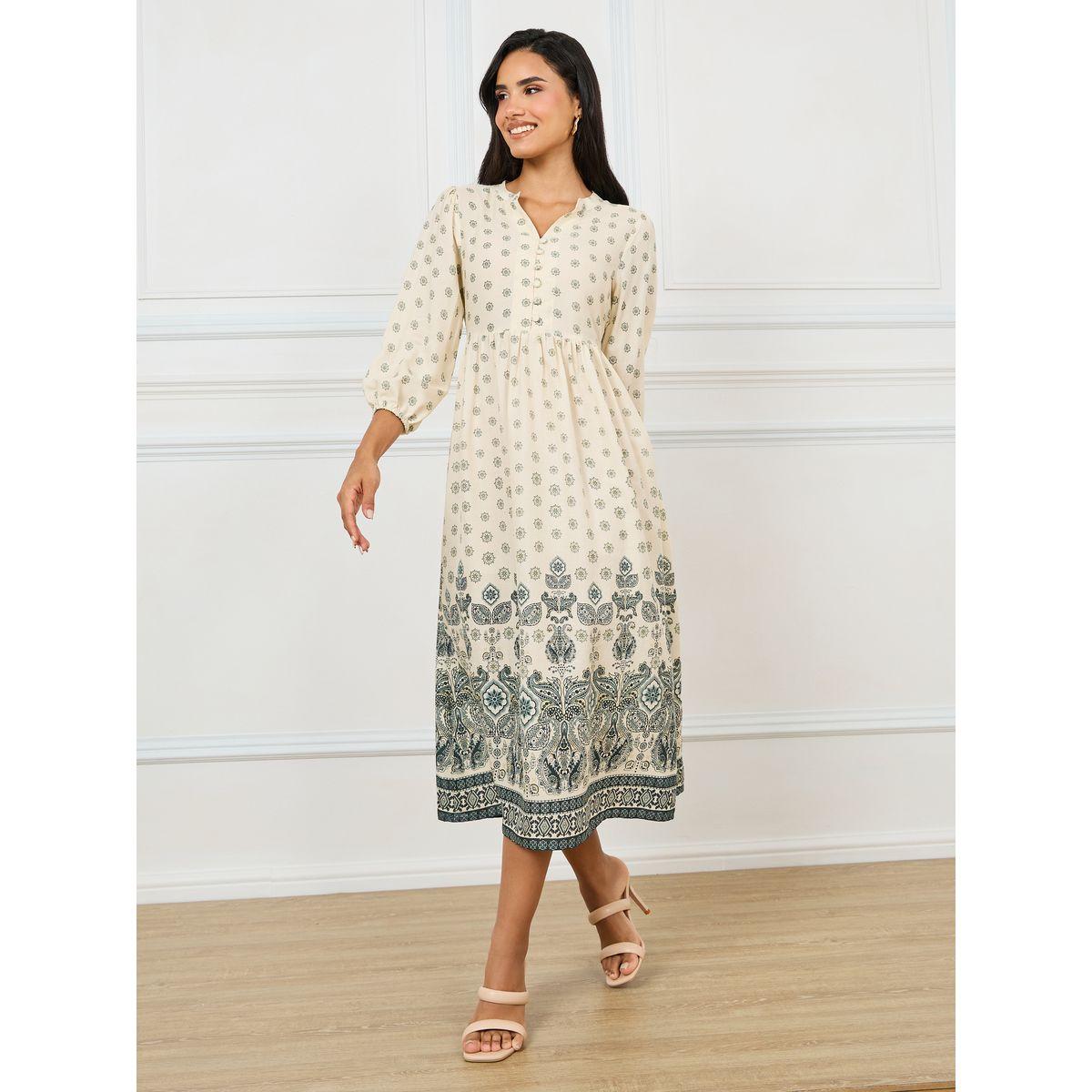 فستان ميدي مطبع مع خصر مطاطي-women-clothing-dresses-image-1