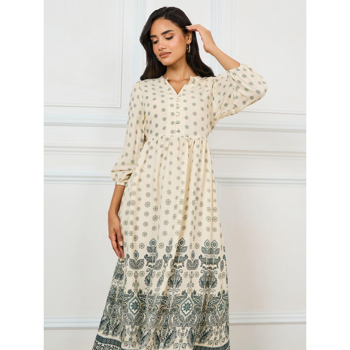 فستان ميدي مطبع مع خصر مطاطي-women-clothing-dresses-image-2