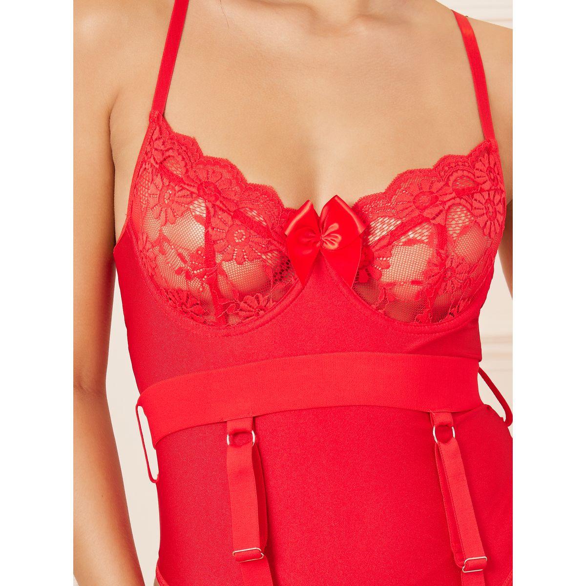 Styli Satin Bow Floral Lace Cups Bodysuit with Suspender Belt-women-clothing-lingerie-corsets-image-2