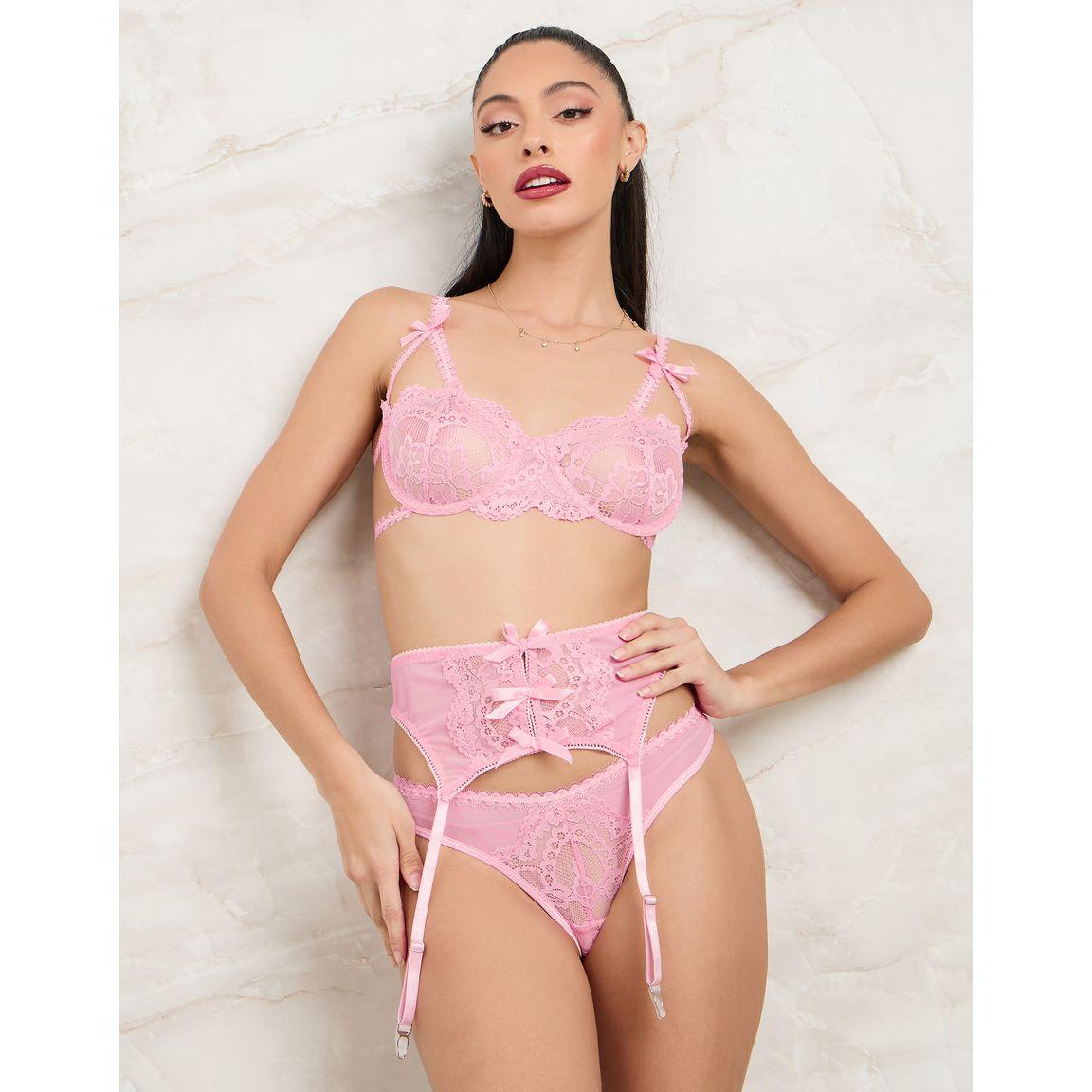 Styli Pack of 3 - Non Padded Wired Multi Bow Detail Lace Bra, Thong & Suspender Belt-women-clothing-lingerie-lingeriesets-image-1