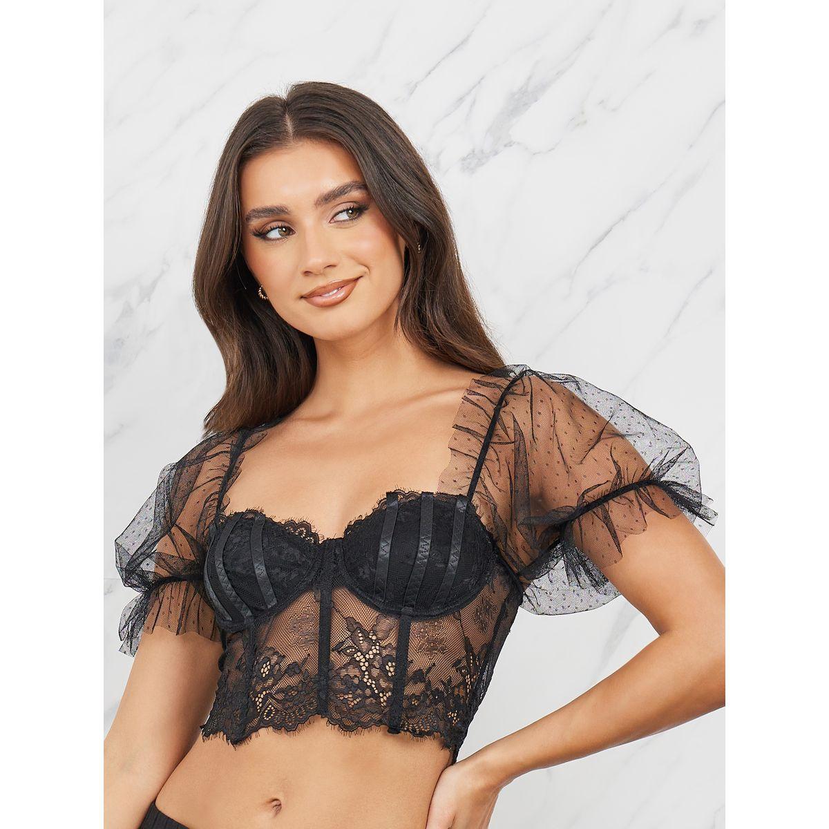 Styli Non Padded Wired Lace Mesh  Puff Sleeve Corset Longline Bra-women-clothing-lingerie-bras-image-1