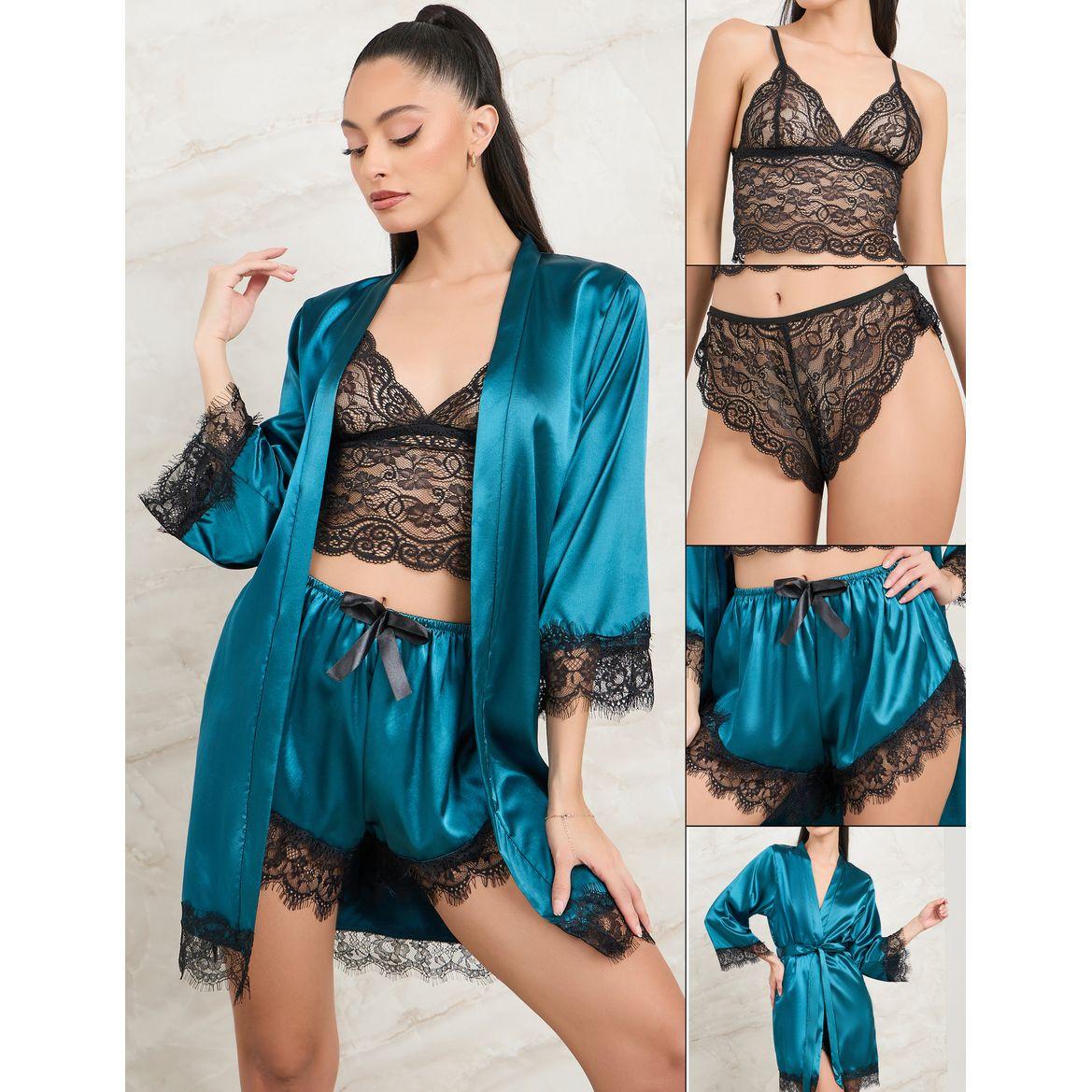 Styli Pack of 4 - Satin Robe, Short, Lace Bralette & Brazilian Brief-women-clothing-lingerie-lingeriesets-image-1