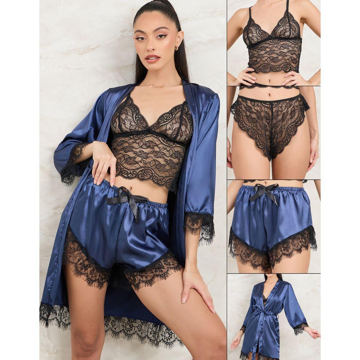 Styli Pack of 4 - Satin Robe, Short, Lace Bralette & Brazilian Brief-women-clothing-lingerie-lingeriesets-image-1