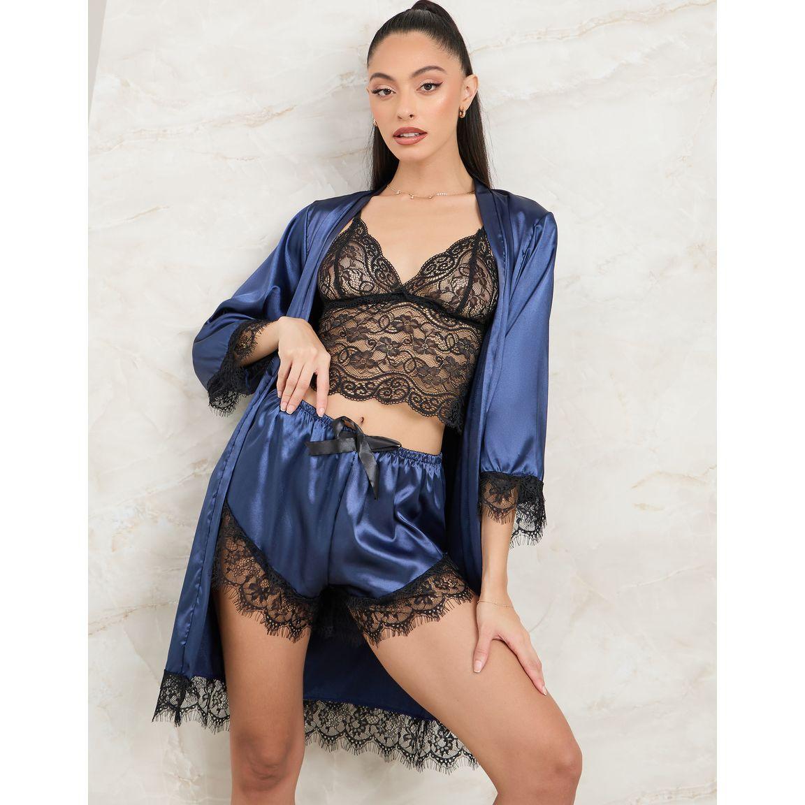Styli Pack of 4 - Satin Robe, Short, Lace Bralette & Brazilian Brief-women-clothing-lingerie-lingeriesets-image-3