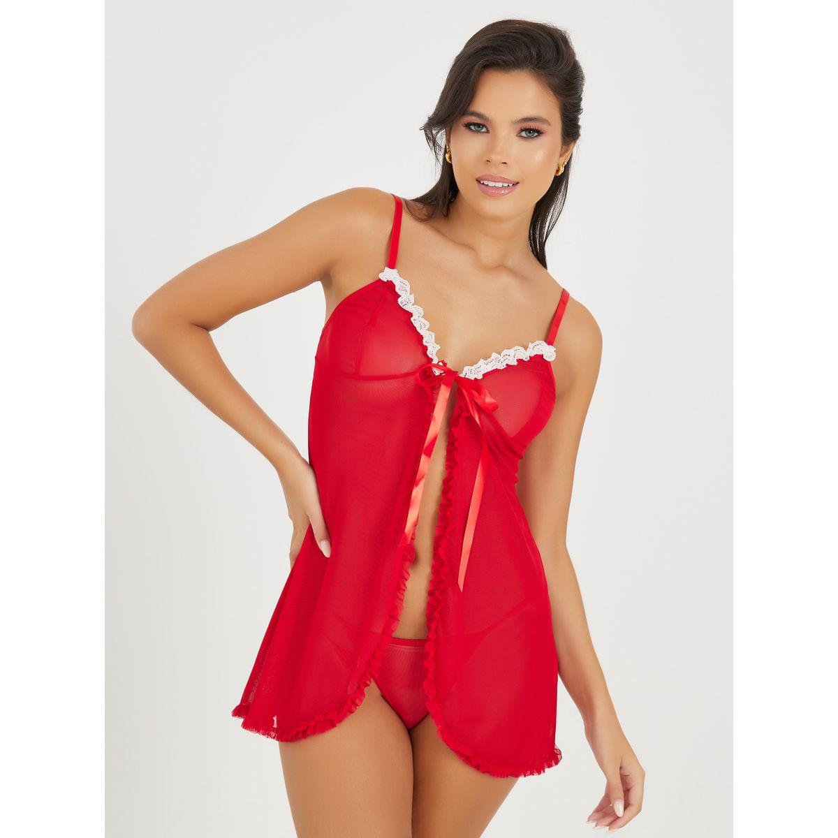 Styli Ruffle Edge Front Tie Babydoll With Thong-women-clothing-lingerie-babydollsandbodysuits-image-1
