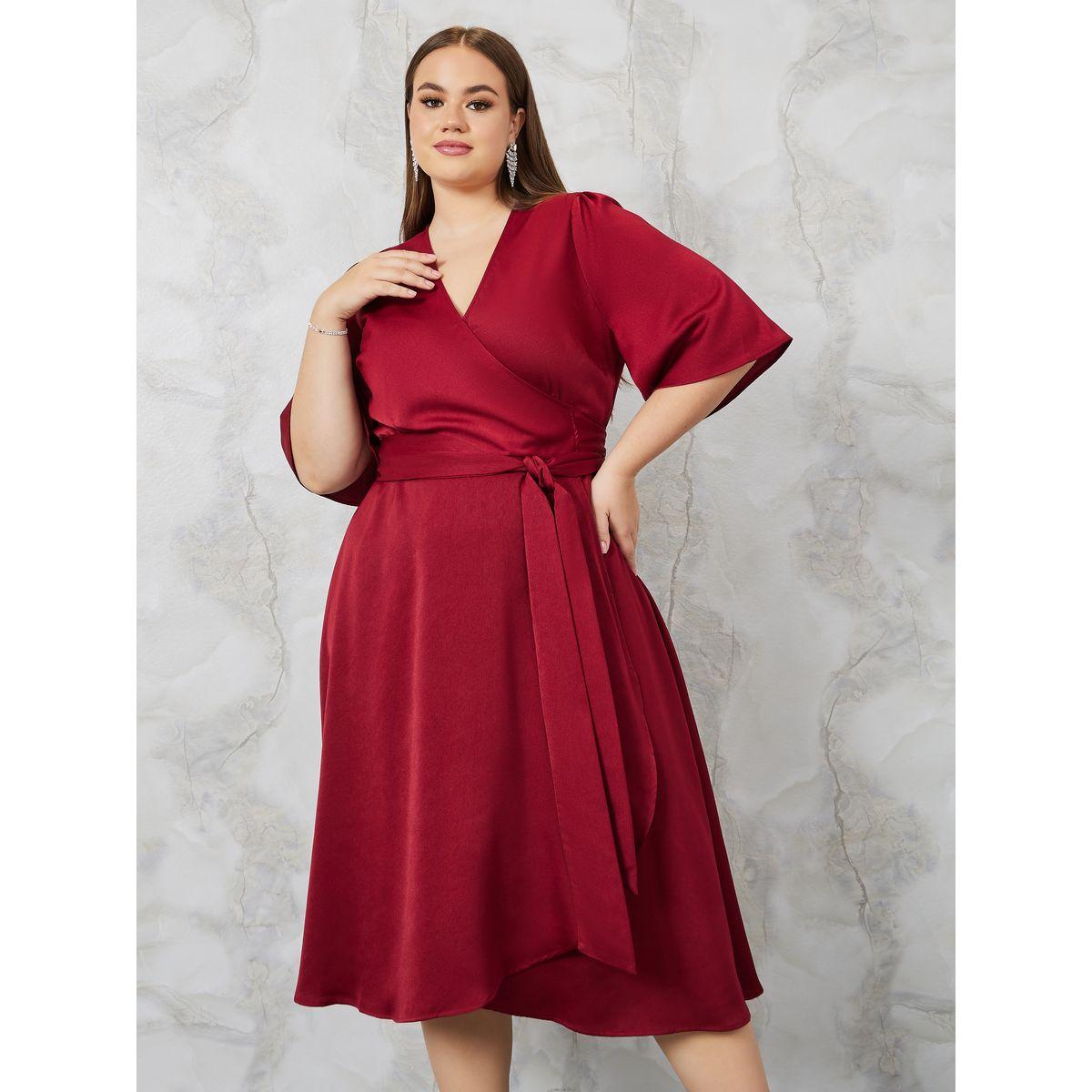 Styli Plus Satin Wrap Midi Dress with Tie Waist-women-clothing-dresses-image-1