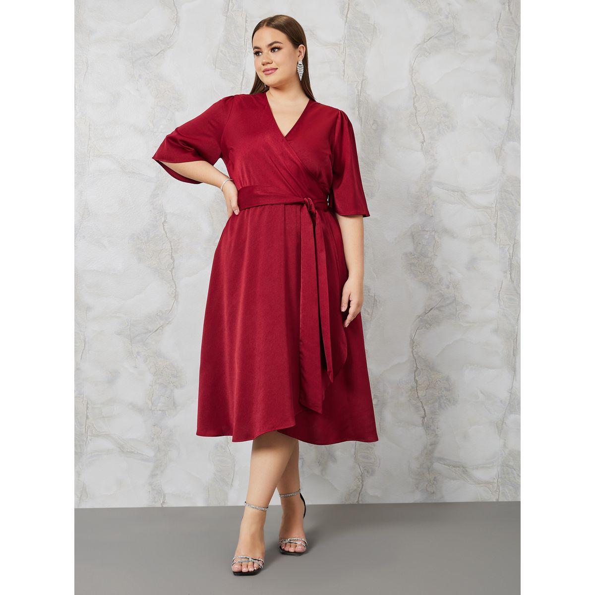Styli Plus Satin Wrap Midi Dress with Tie Waist-women-clothing-dresses-image-2