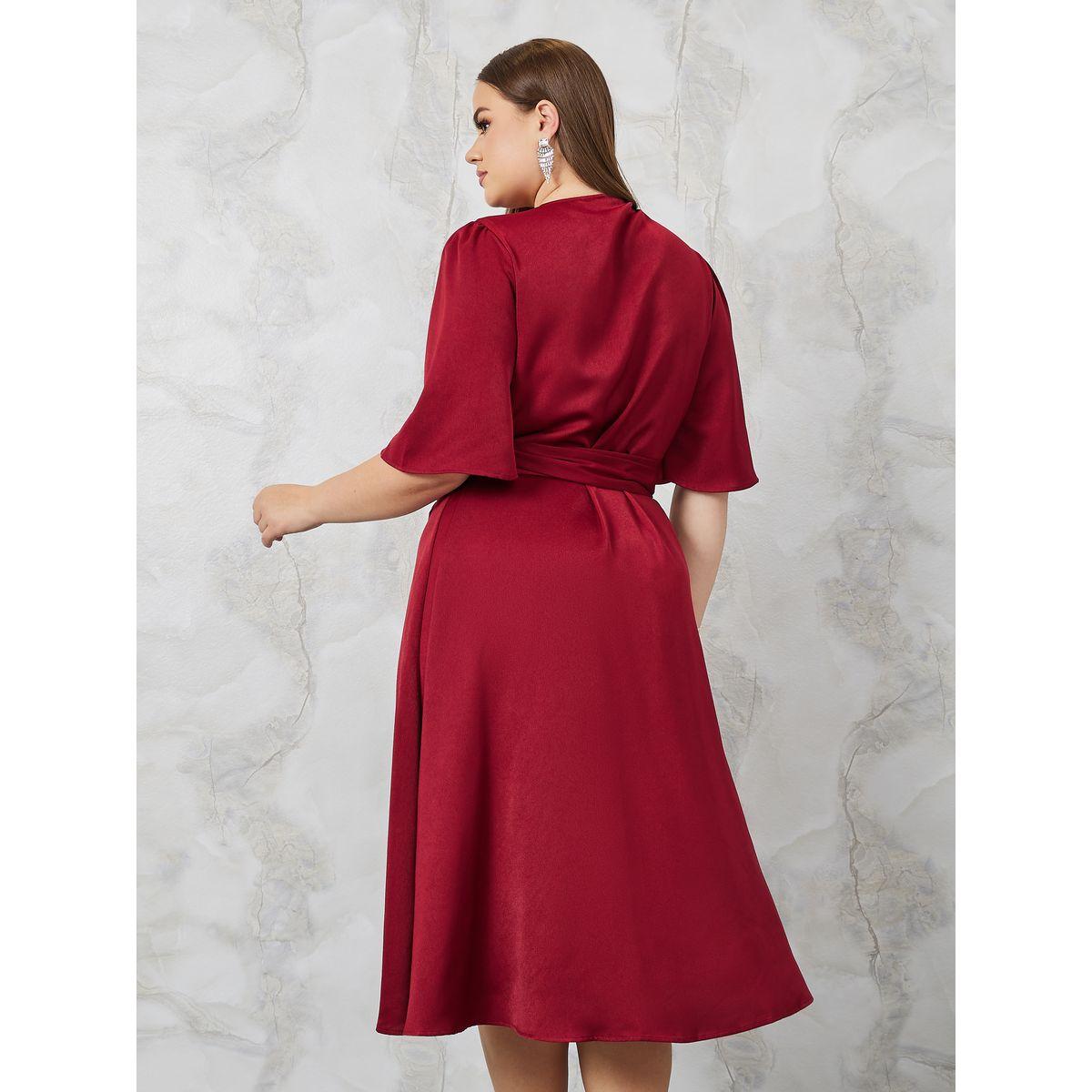 Styli Plus Satin Wrap Midi Dress with Tie Waist-women-clothing-dresses-image-4