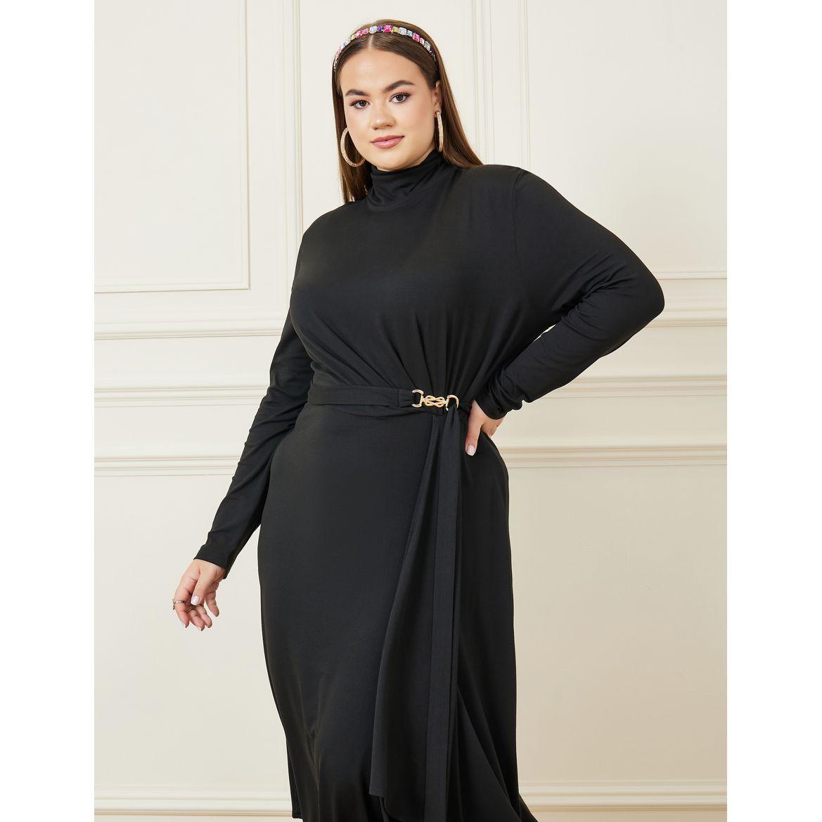 Styli Plus Asymmetrical Long Sleeve Maxi Dress with Belt-women-clothing-dresses-image-2