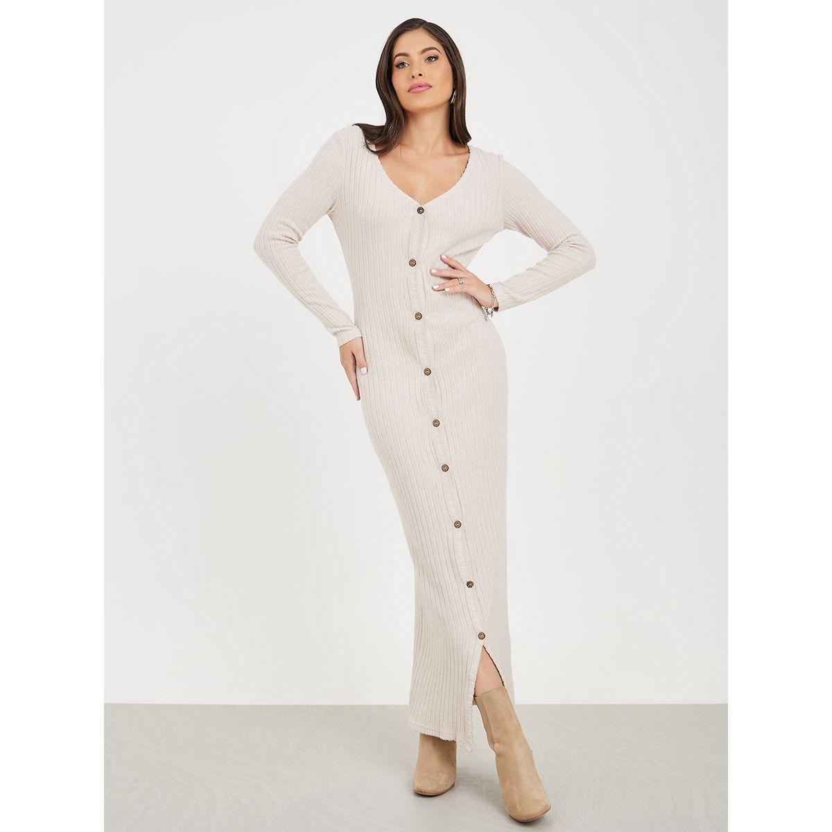 فستان طويل بتفاصيل مضلعة وأزرار-women-clothing-dresses-image-1