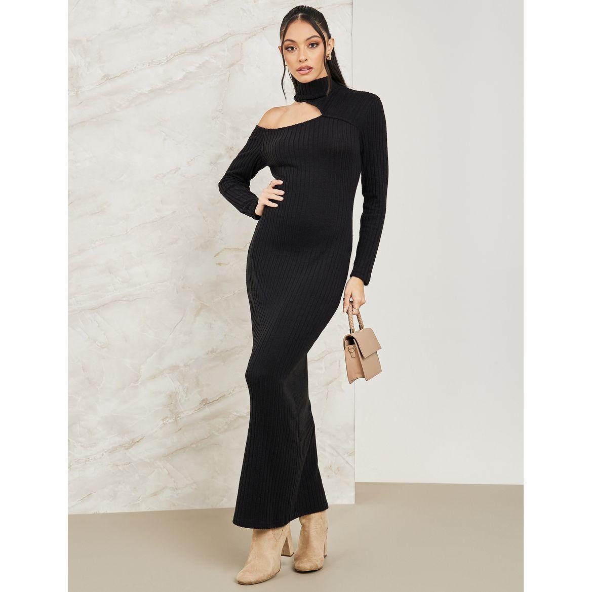 Styli Asymmetric Neck Knit Bodycon Maxi Dress-women-clothing-dresses-image-1