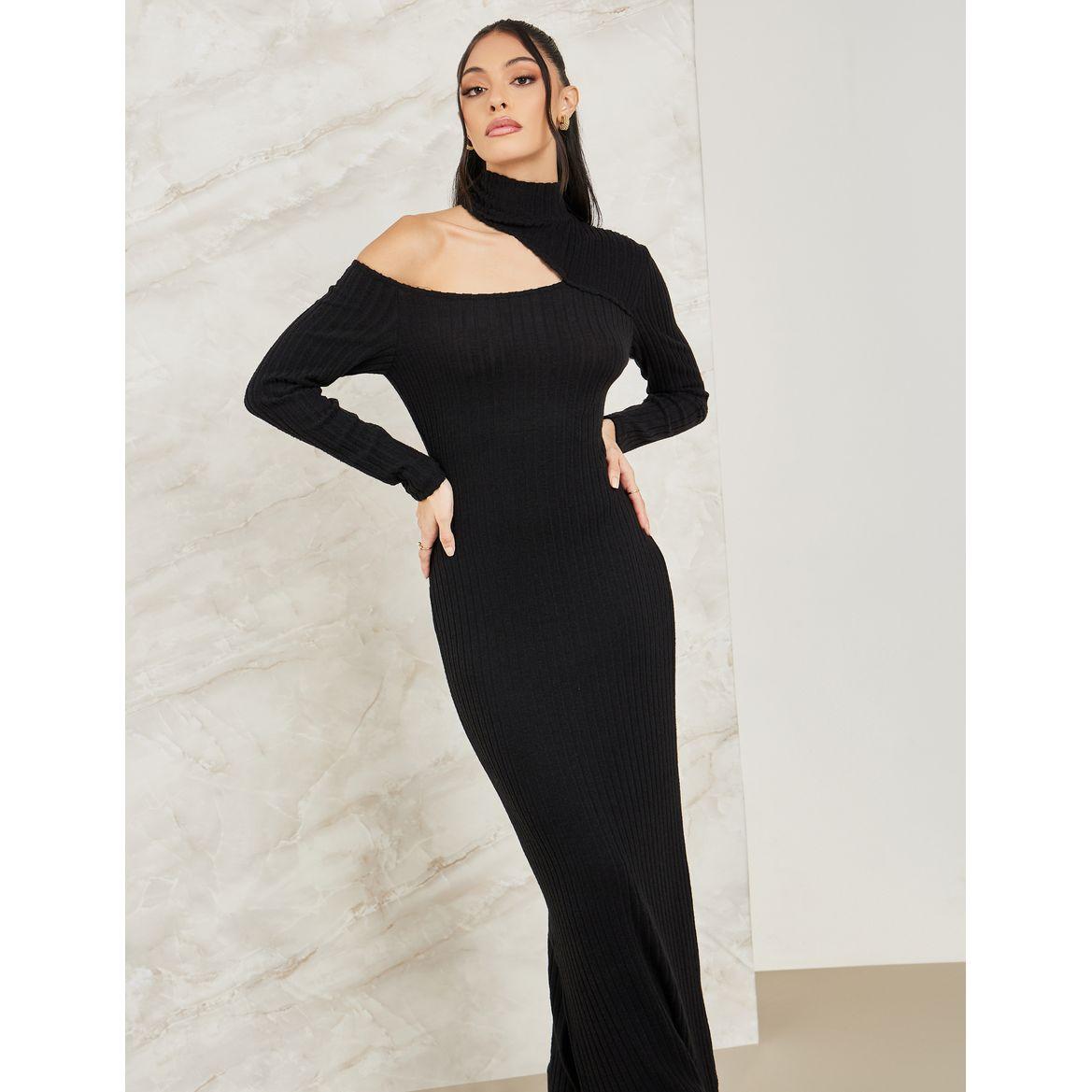 Styli Asymmetric Neck Knit Bodycon Maxi Dress-women-clothing-dresses-image-2