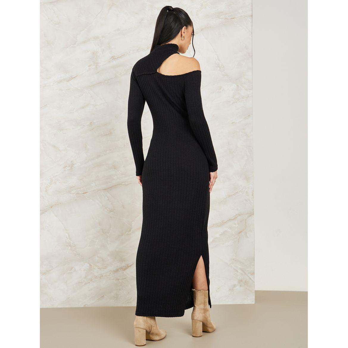 Styli Asymmetric Neck Knit Bodycon Maxi Dress-women-clothing-dresses-image-4