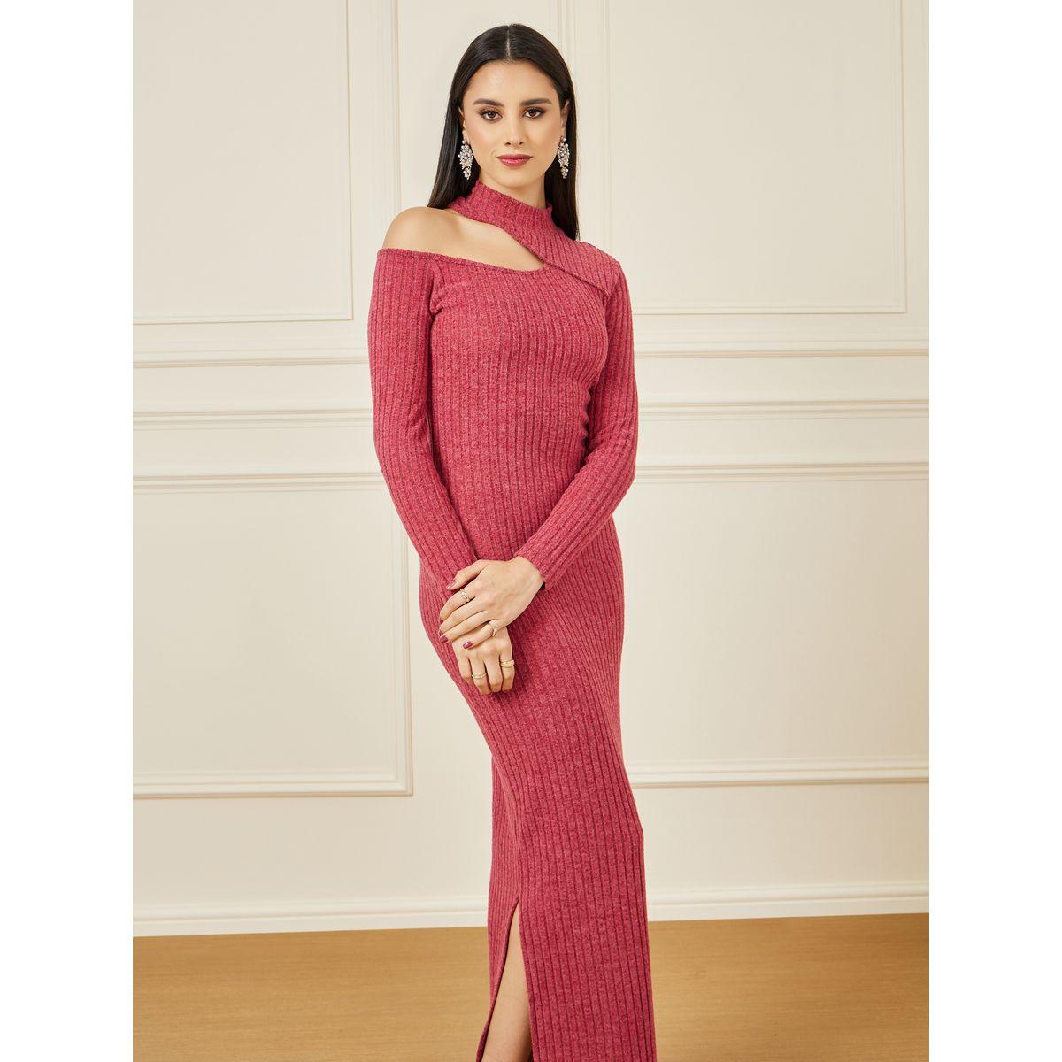 Styli Asymmetric Neck Knit Bodycon Maxi Dress-women-clothing-dresses-image-2