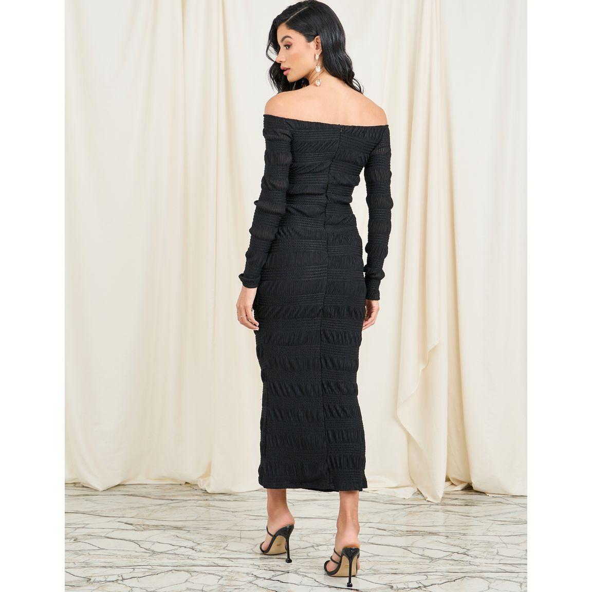 Styli Shirred Texture Off Shoulder Bodycon Maxi Dress-women-clothing-dresses-image-4