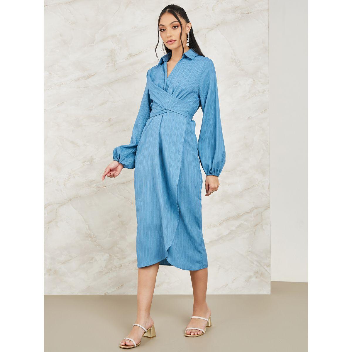 Styli Wrap Front Detail Textured Midi Dress-women-clothing-dresses-image-1