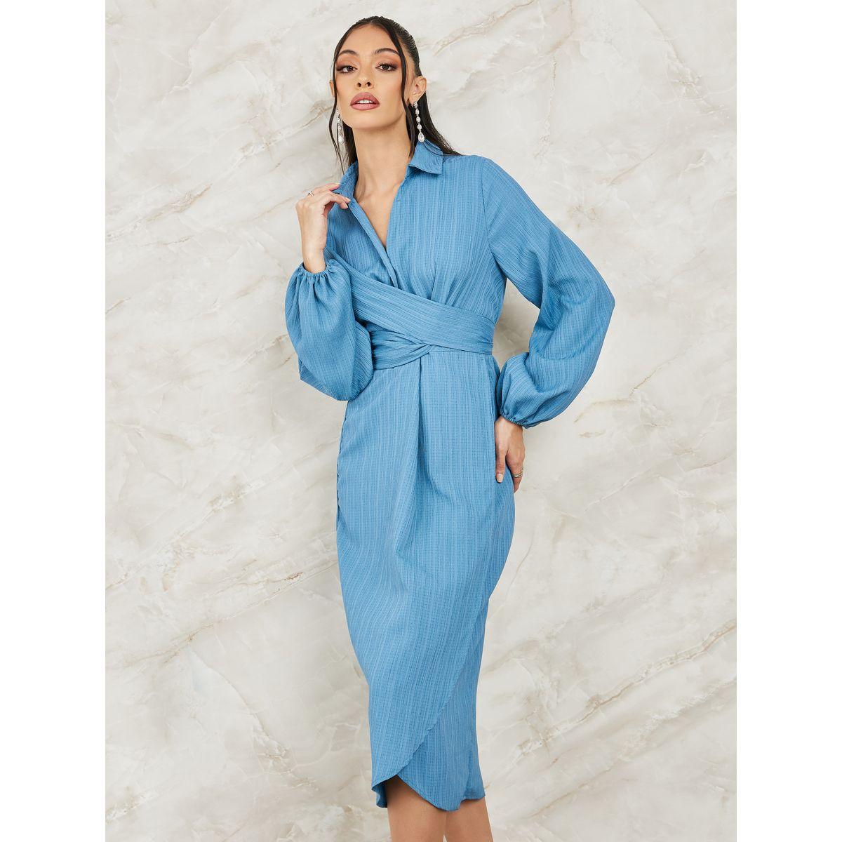 Styli Wrap Front Detail Textured Midi Dress-women-clothing-dresses-image-2