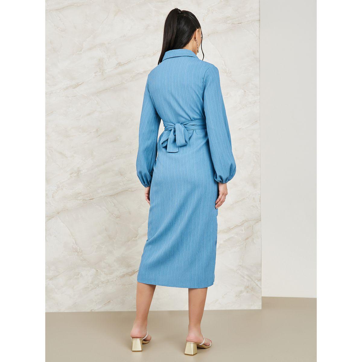 Styli Wrap Front Detail Textured Midi Dress-women-clothing-dresses-image-4