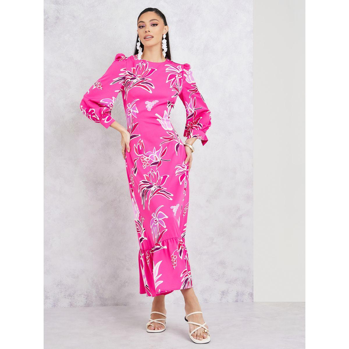 Styli Floral Print Cuffed Sleeves Shift Maxi Dress-women-clothing-dresses-image-1
