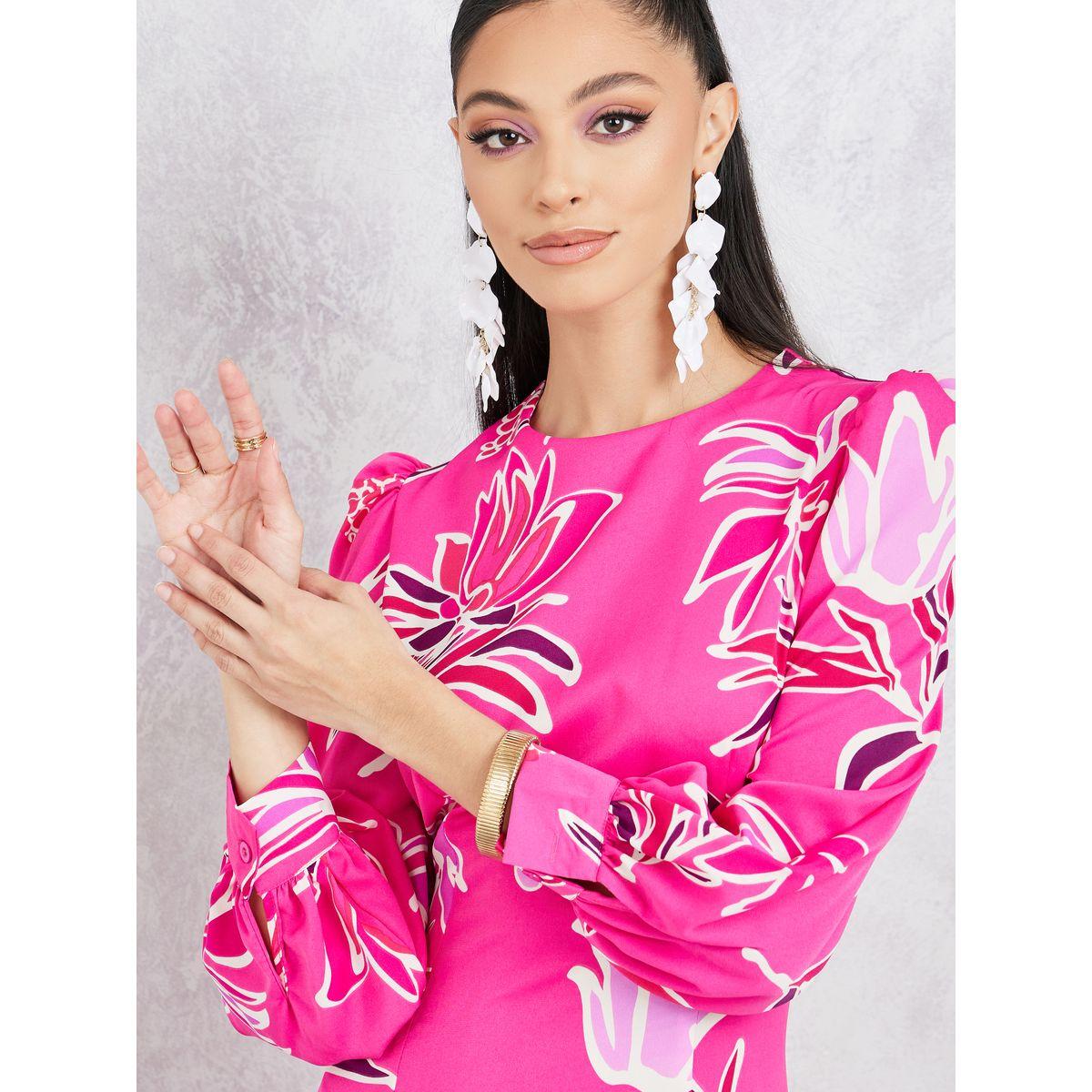 Styli Floral Print Cuffed Sleeves Shift Maxi Dress-women-clothing-dresses-image-3