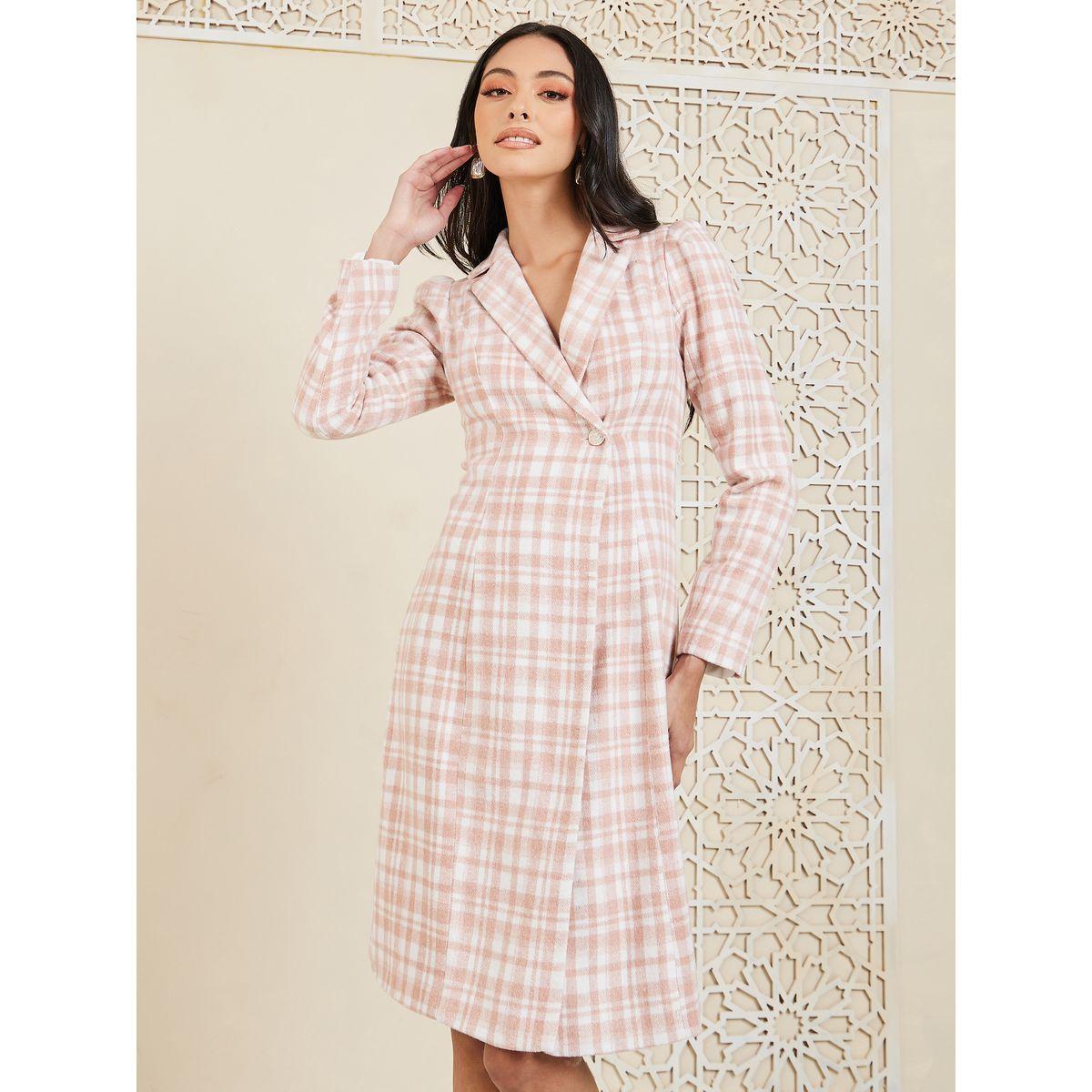 فستان ميدي مطبع بمربعات مع زر إغلاق-women-clothing-dresses-image-1