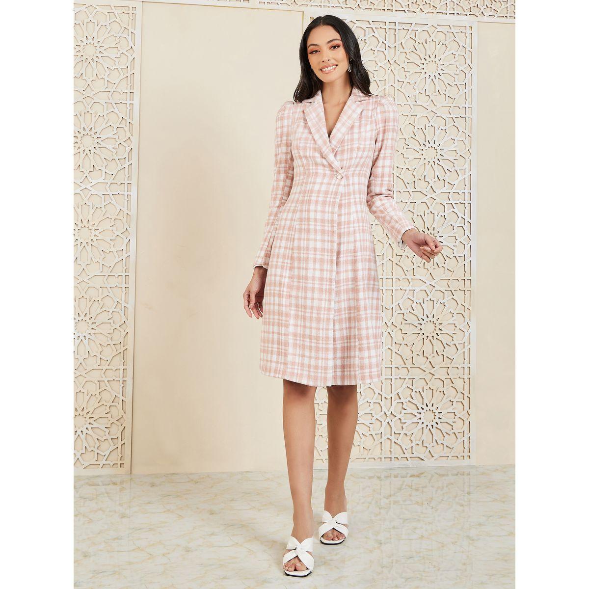فستان ميدي مطبع بمربعات مع زر إغلاق-women-clothing-dresses-image-2