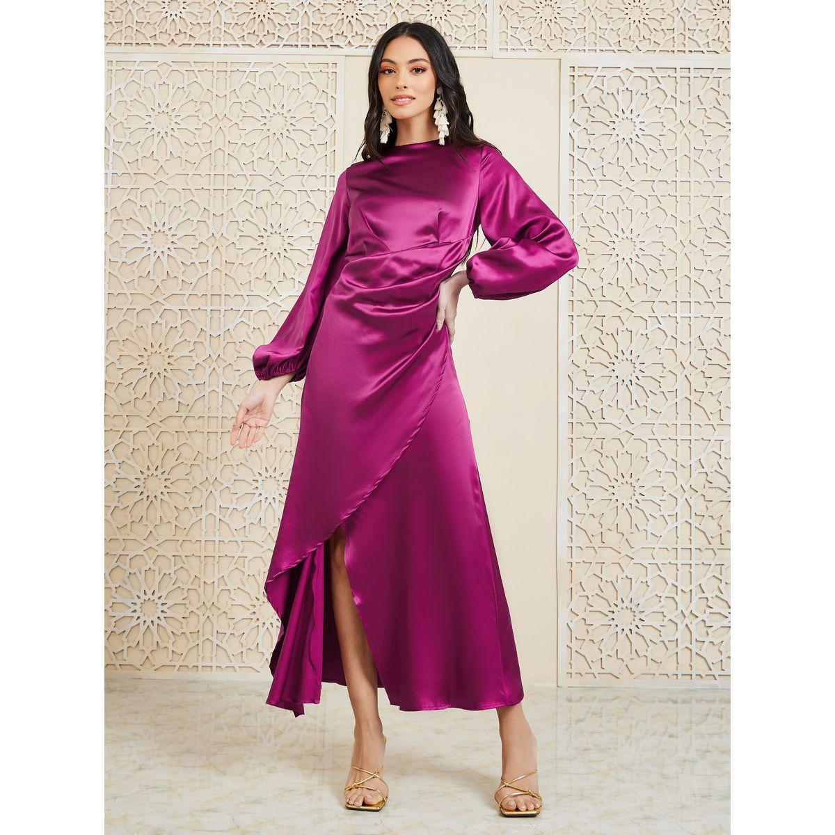 فستان ميدي ساتان بحافة غير متماثلة الطول-women-clothing-dresses-image-1