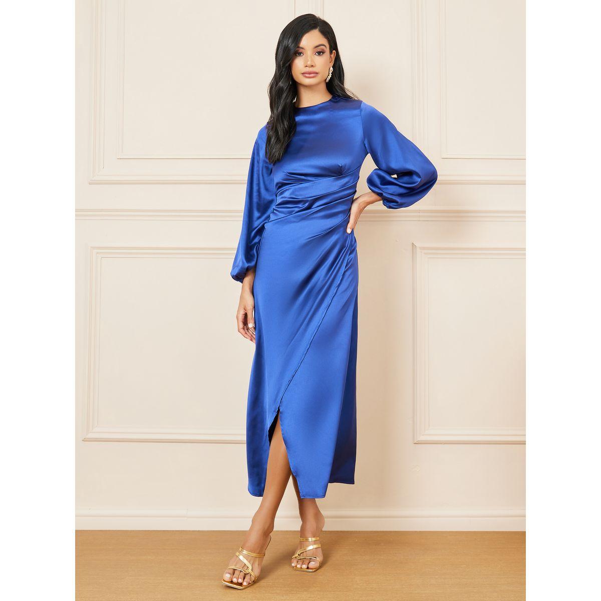 Styli Satin Pleated Asymmetric Hem A-line Midi Dress-women-clothing-dresses-image-1