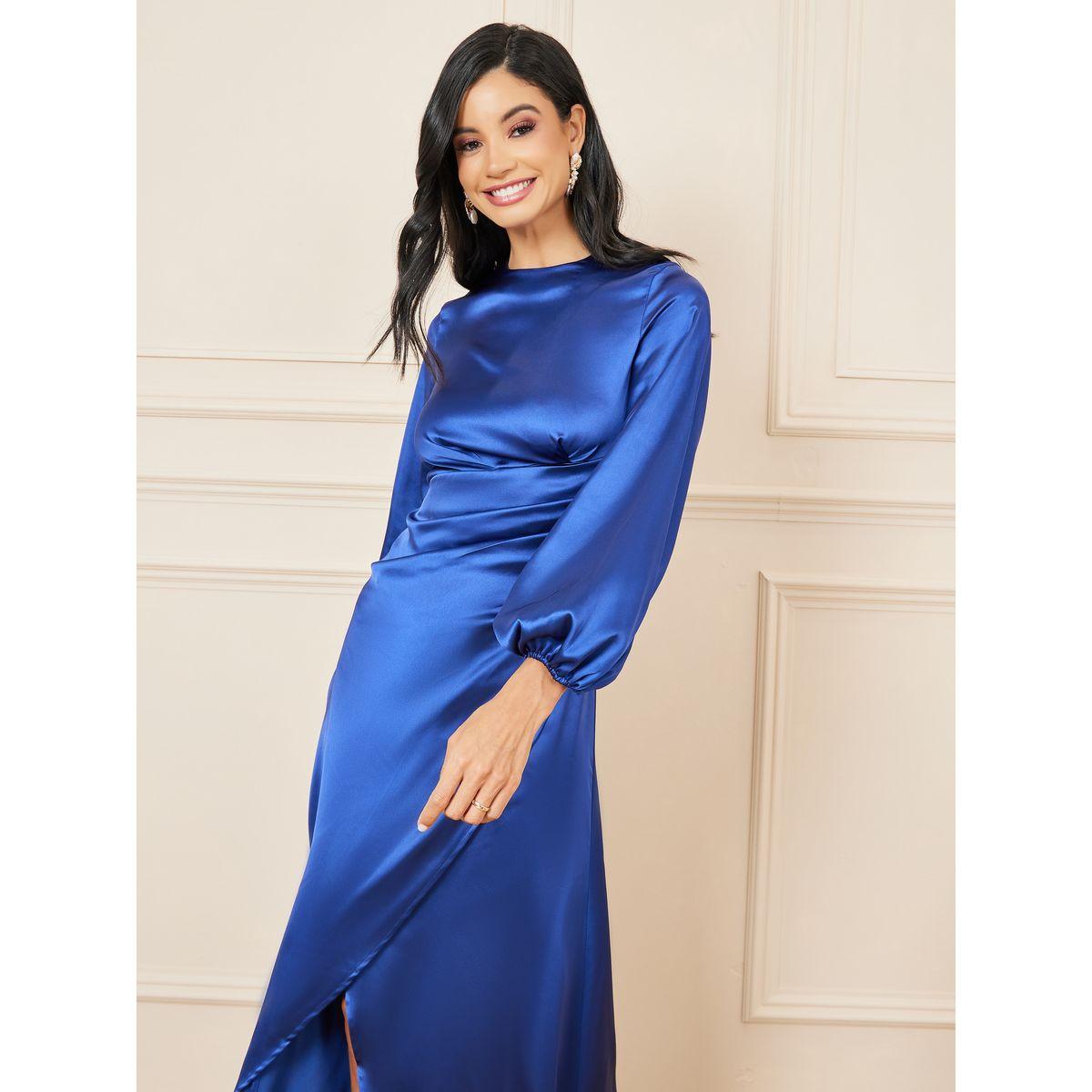 Styli Satin Pleated Asymmetric Hem A-line Midi Dress-women-clothing-dresses-image-2
