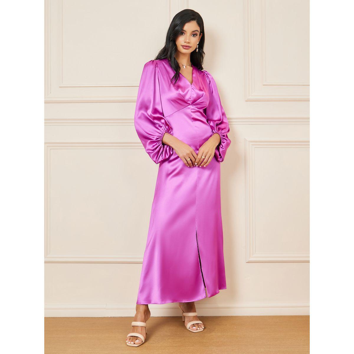 Styli Satin Balloon Sleeves Front Slit A-Line Maxi Dress-women-clothing-dresses-image-1