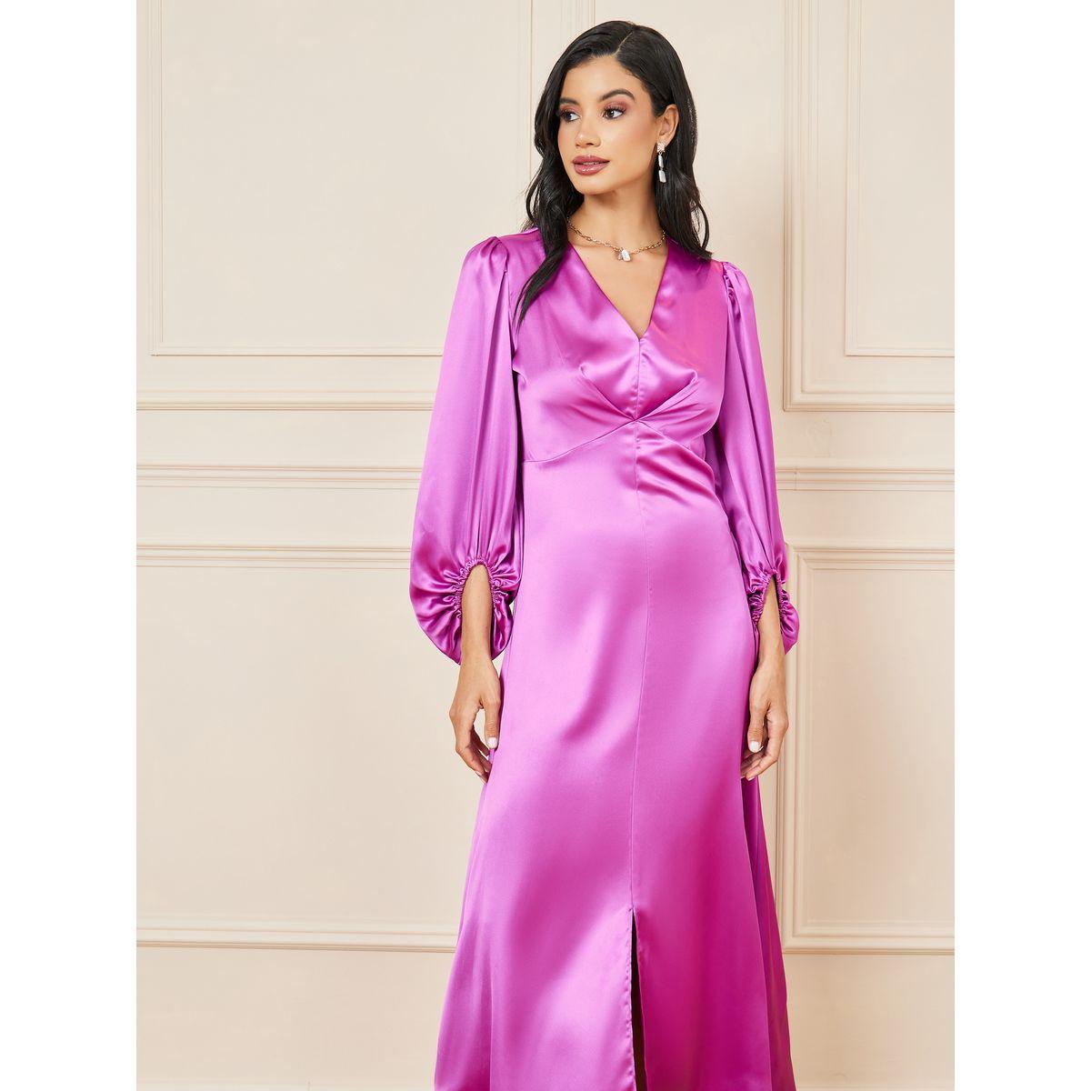 Styli Satin Balloon Sleeves Front Slit A-Line Maxi Dress-women-clothing-dresses-image-2
