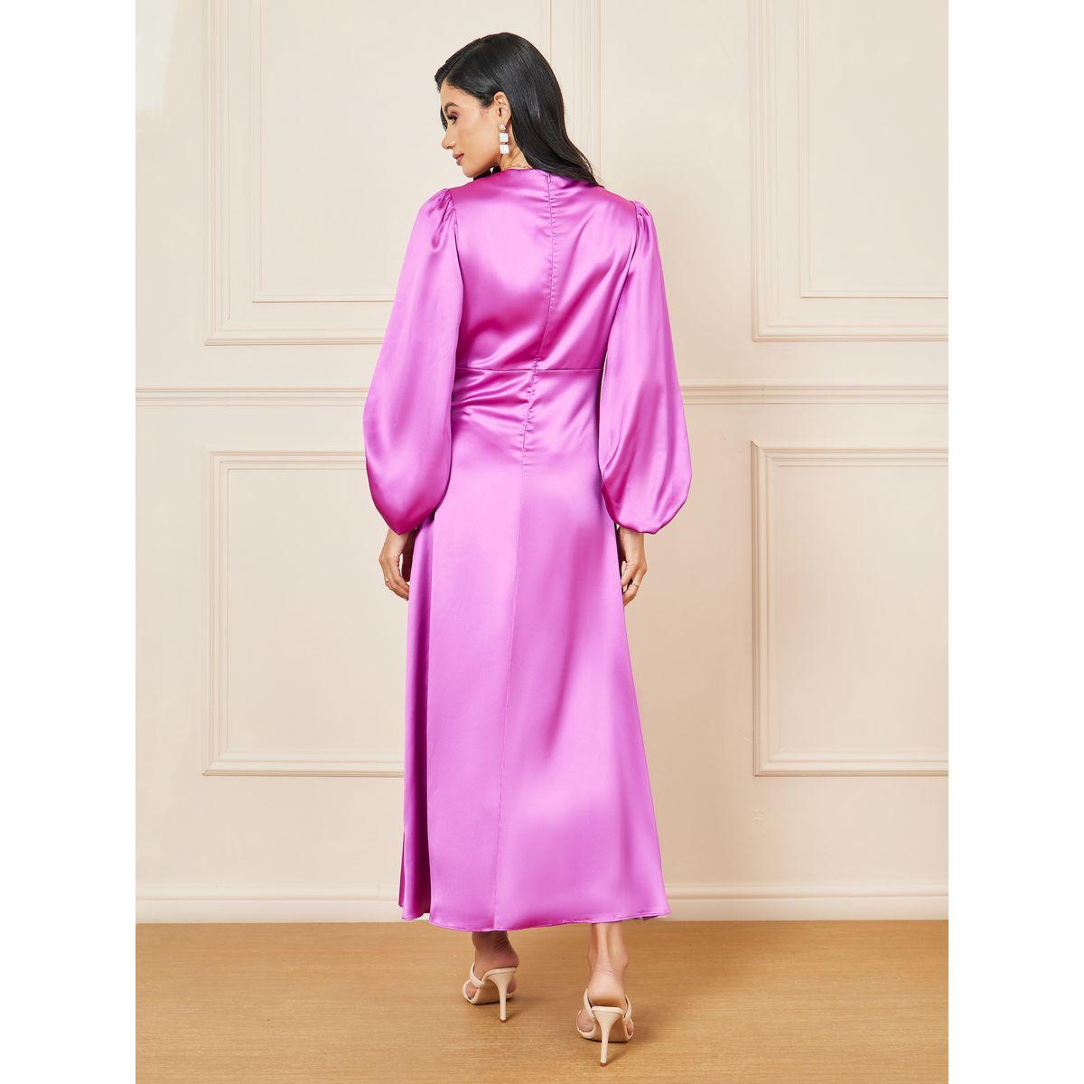 Styli Satin Balloon Sleeves Front Slit A-Line Maxi Dress-women-clothing-dresses-image-4