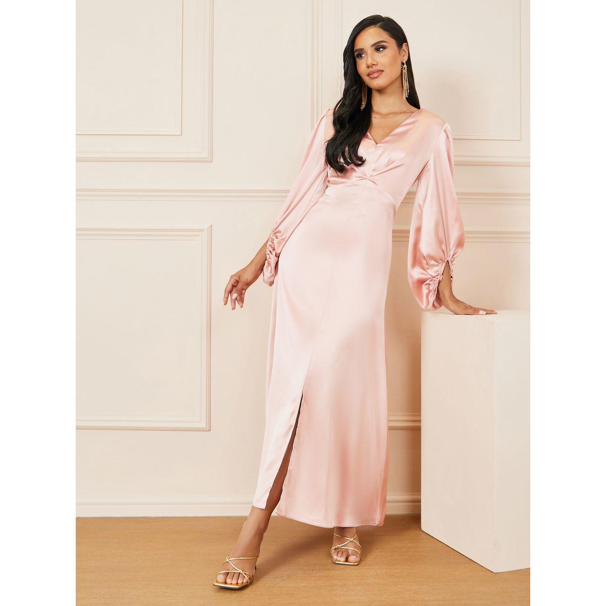 فستان ساتان طويل بأكمام بالون مع شق امامي-women-clothing-dresses-image-1