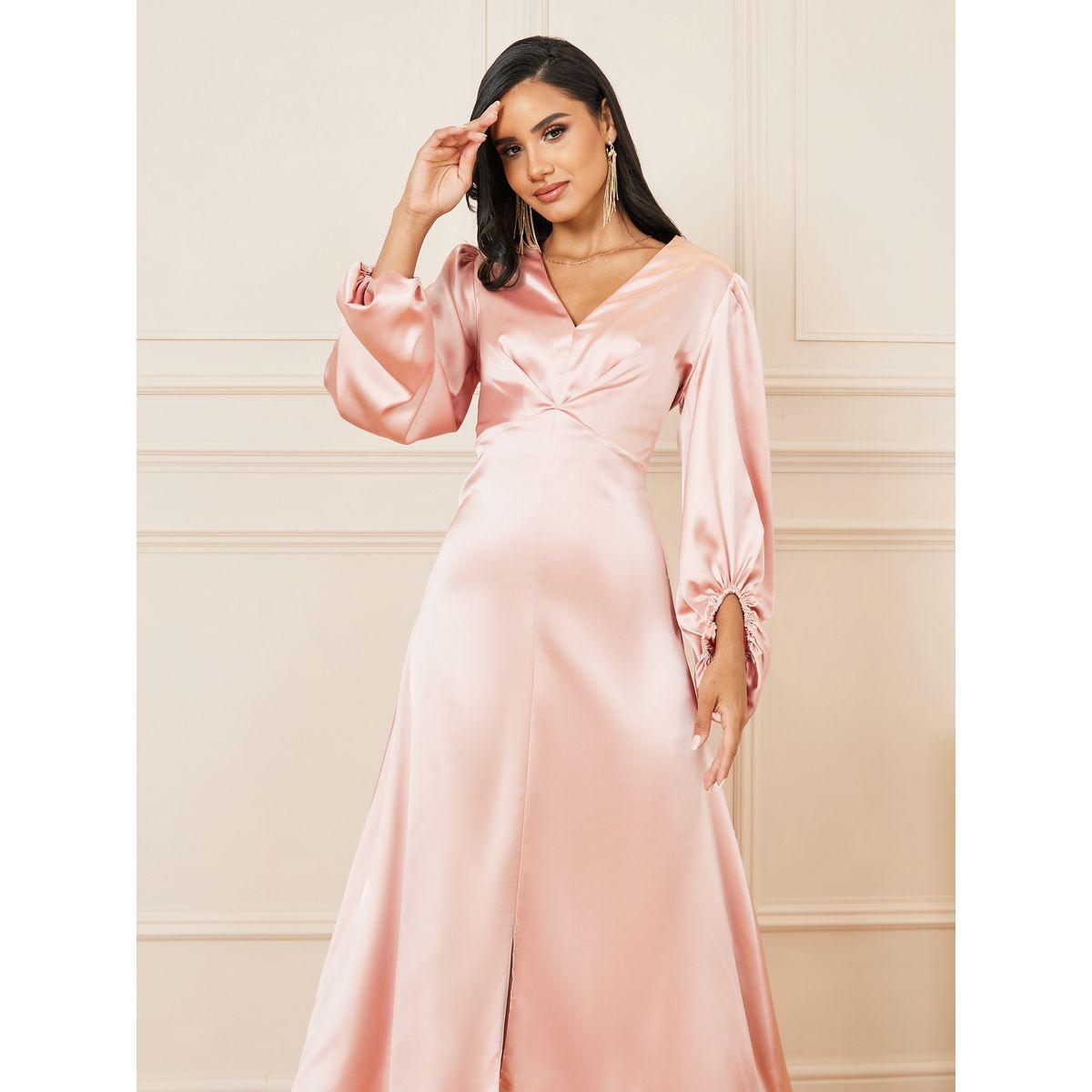 Styli Satin Balloon Sleeves v Neck Maxi Dress with Front Slit-women-clothing-dresses-image-2