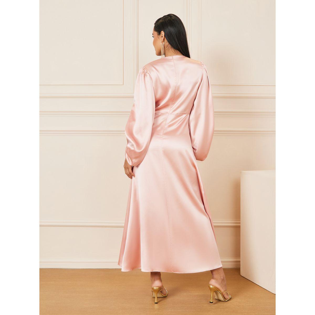 Styli Satin Balloon Sleeves v Neck Maxi Dress with Front Slit-women-clothing-dresses-image-4