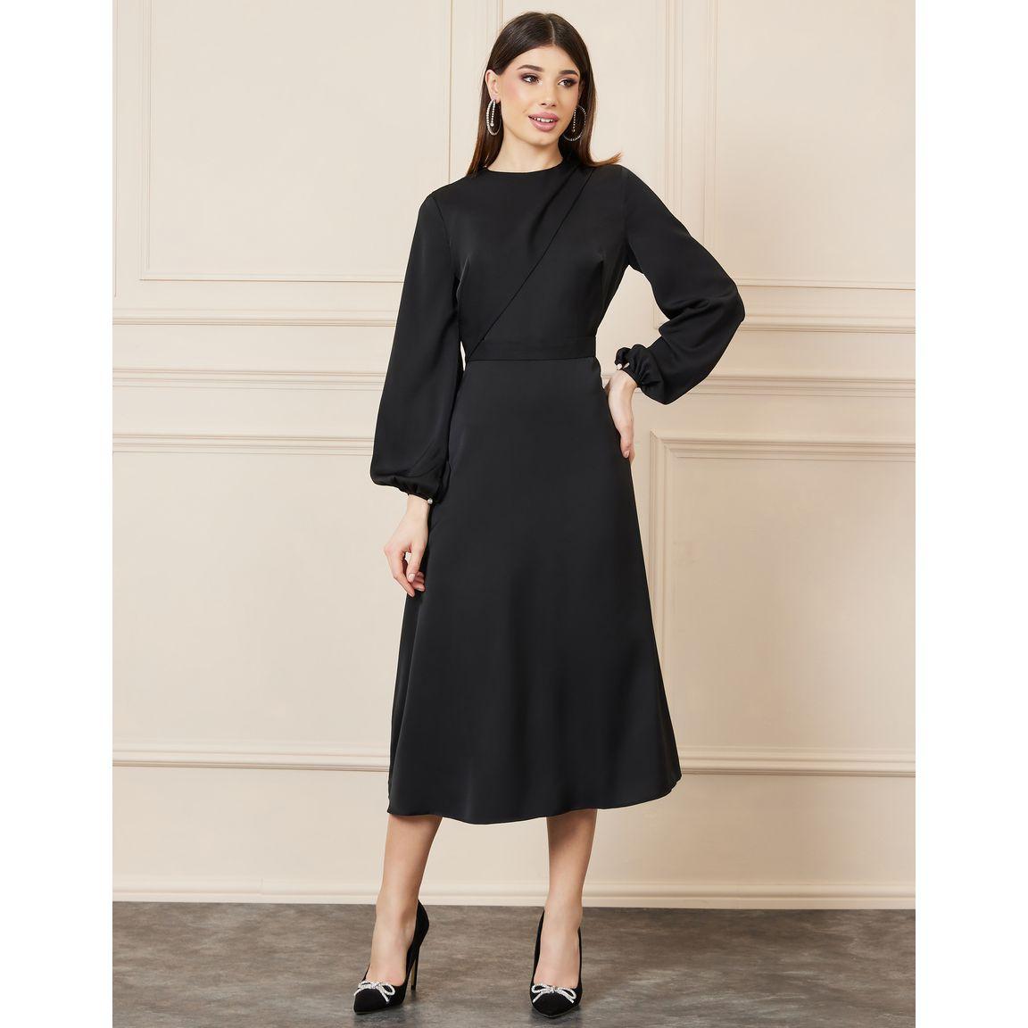 Styli Balloon Sleeves Solid A-line Midi Dress-women-clothing-dresses-image-1