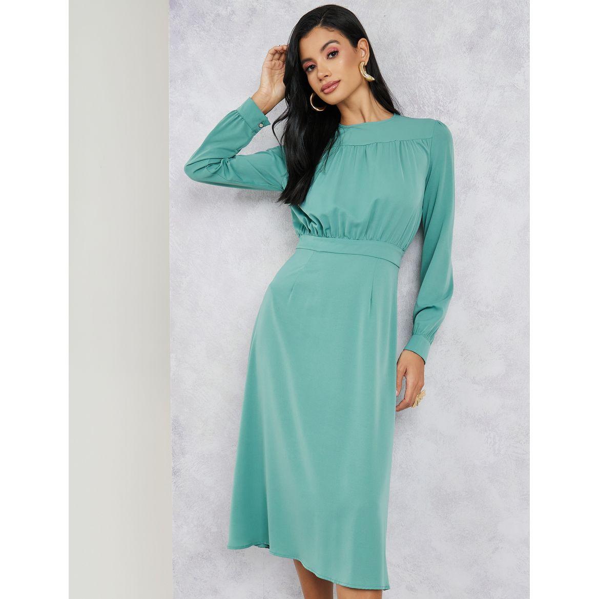 Styli Pleated Front Detail Long Sleeve Midi Dress-women-clothing-dresses-image-1