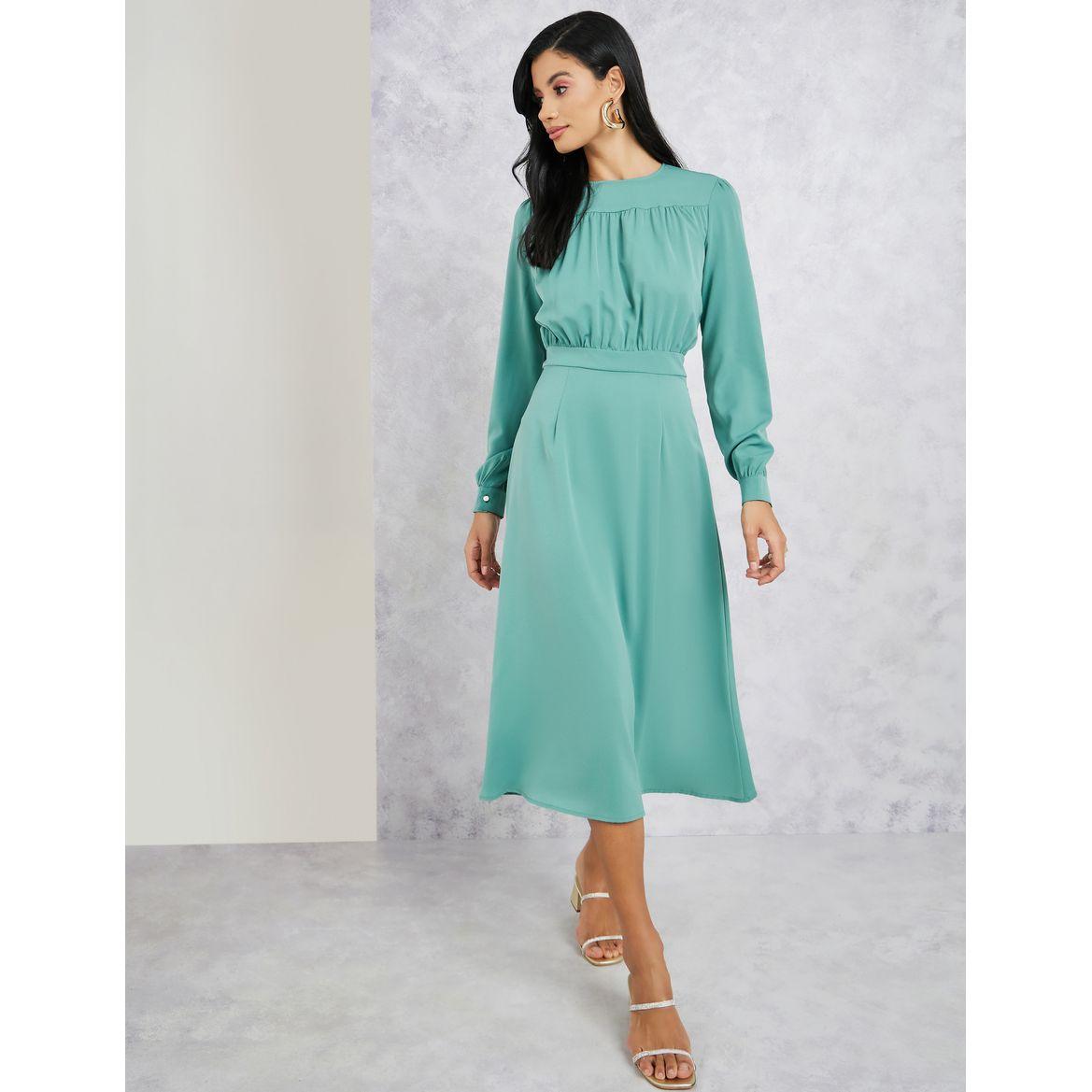 Styli Pleated Front Detail Long Sleeve Midi Dress-women-clothing-dresses-image-2