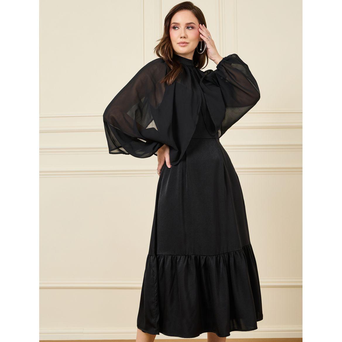 Styli High Neck Cape Sleeve A-Line Midi Dress-women-clothing-dresses-image-1