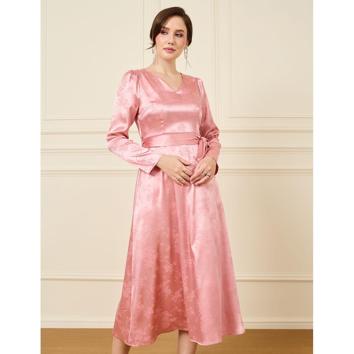 Styli V Neck Tie Up Belt Detail Midi Dress-women-clothing-dresses-image-1