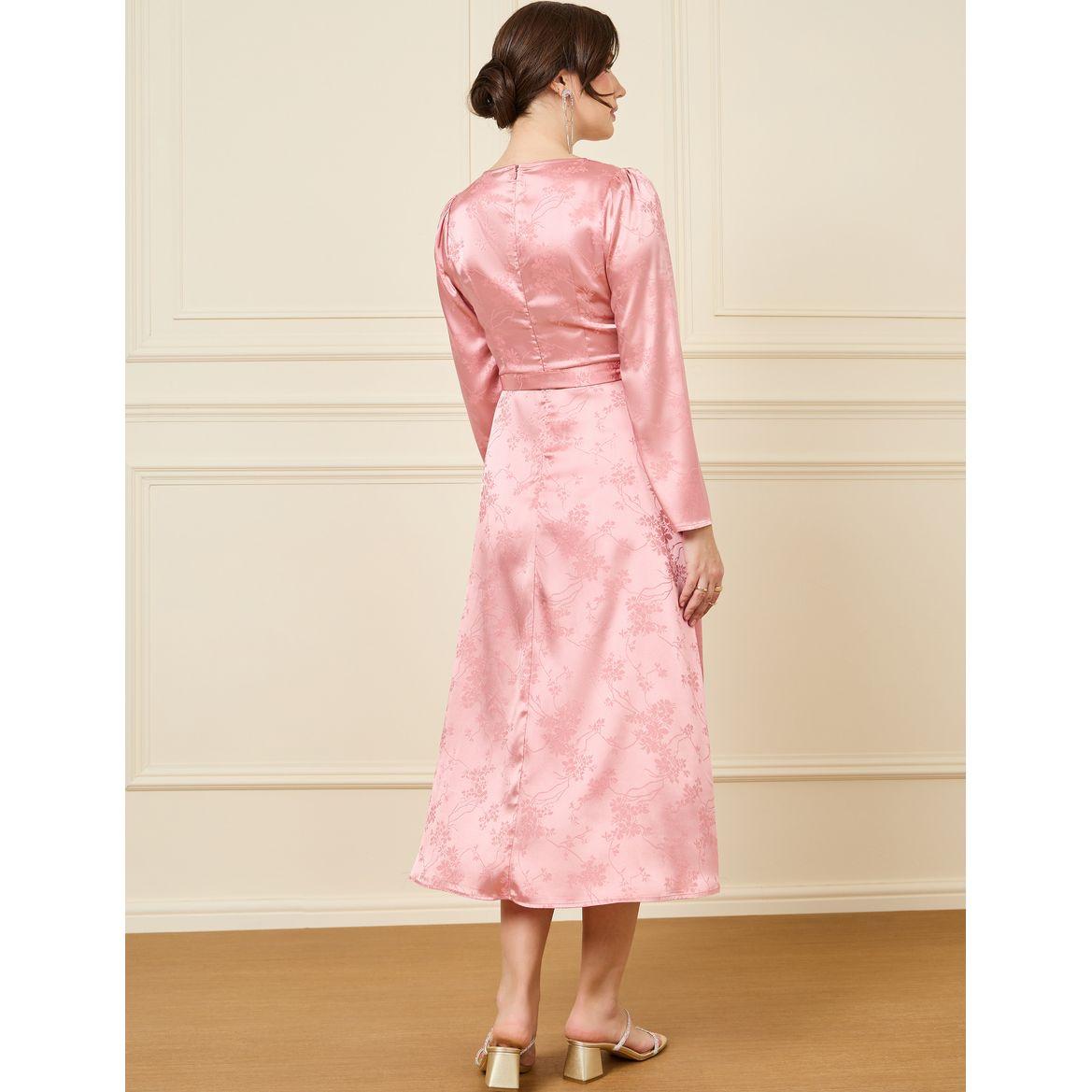 Styli V Neck Tie Up Belt Detail Midi Dress-women-clothing-dresses-image-4