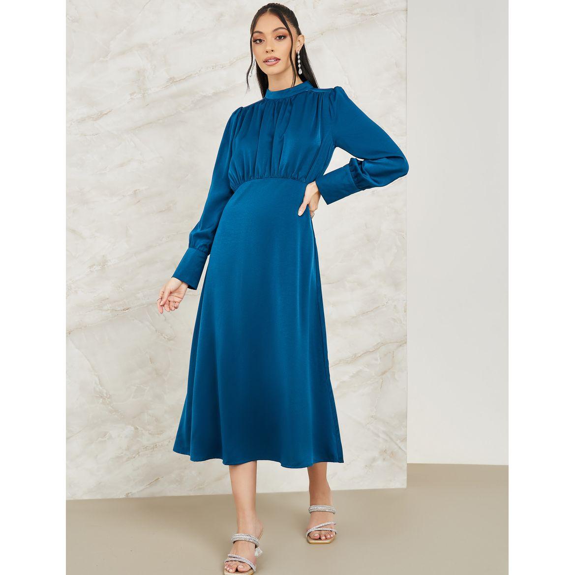Styli Pleated Yoke Satin A-Line Midi Dress-women-clothing-dresses-image-1