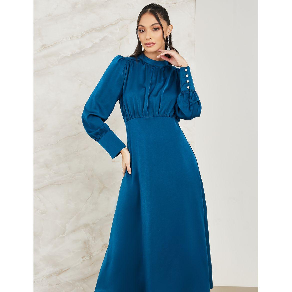 Styli Pleated Yoke Satin A-Line Midi Dress-women-clothing-dresses-image-2