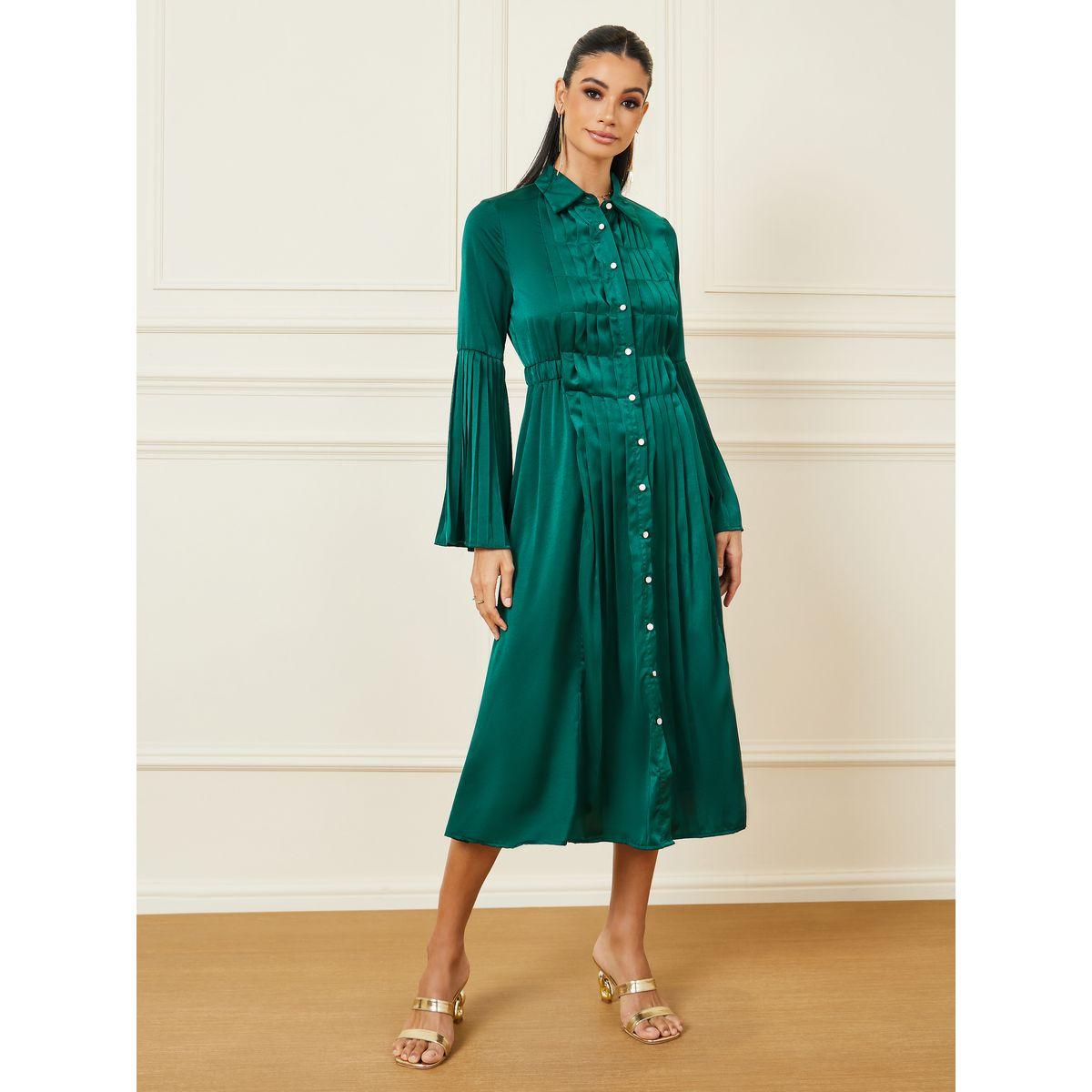 قميص ستيلي ساتان مطوي بتفصيل فستان ميدي-women-clothing-dresses-image-1