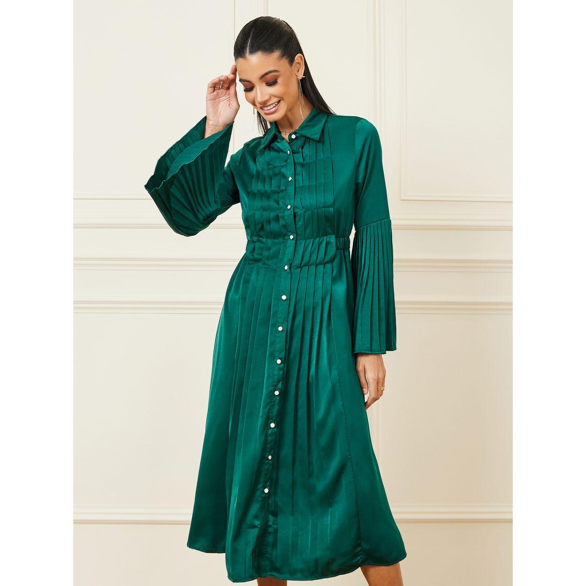 Styli Satin Pleated Detail Shirt Midi Dress-women-clothing-dresses-image-2