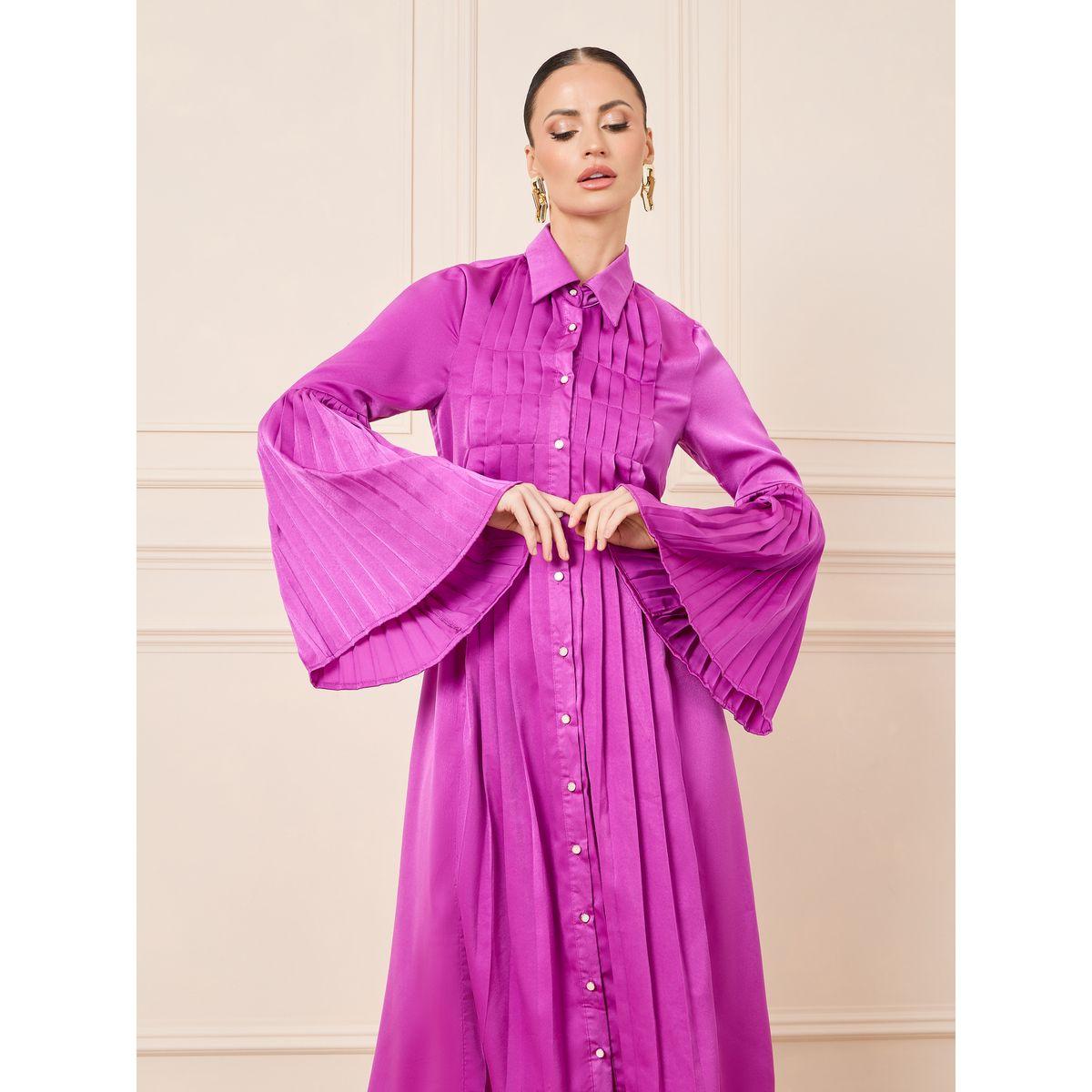 فستان ميدي ساتان مزين بكسرات مع أزرار-women-clothing-dresses-image-2