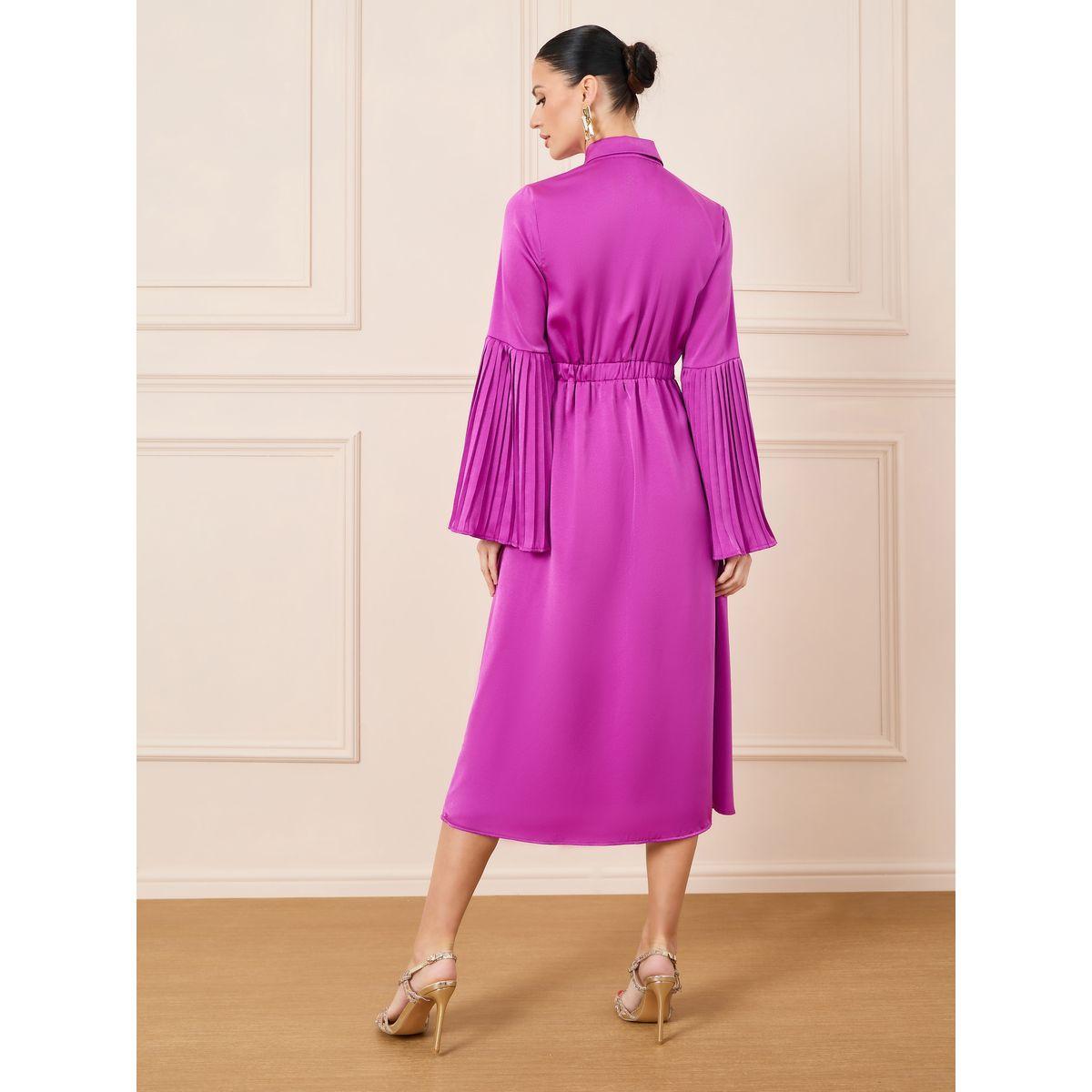 فستان ميدي ساتان مزين بكسرات مع أزرار-women-clothing-dresses-image-4